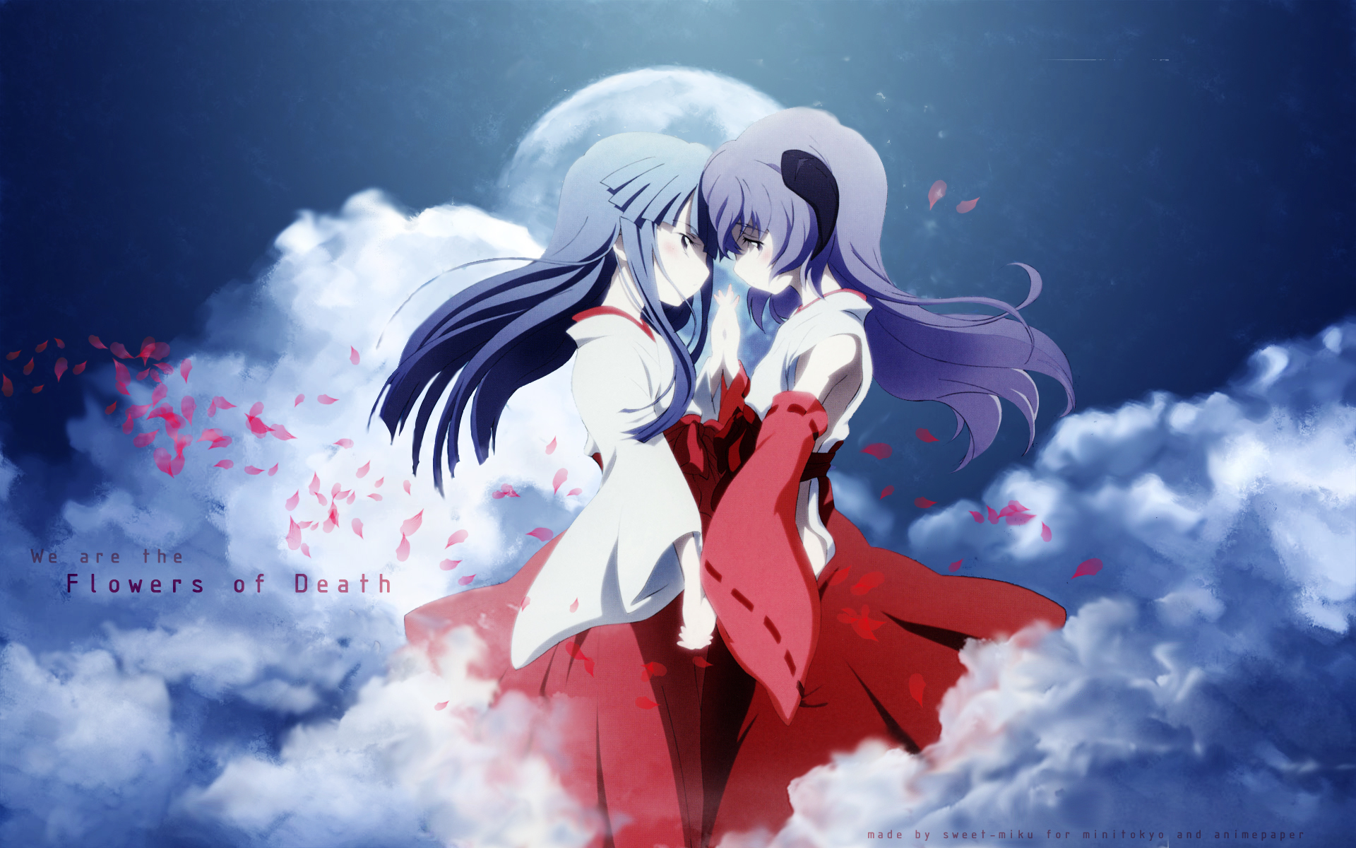 furude rika, hanyuu, higurashi no naku koro ni, highres, 00s, blue hair, eye contact, fog, holding hands, horns, japanese clothes, looking at another, miko, petals, purple eyes, purple hair, yuri