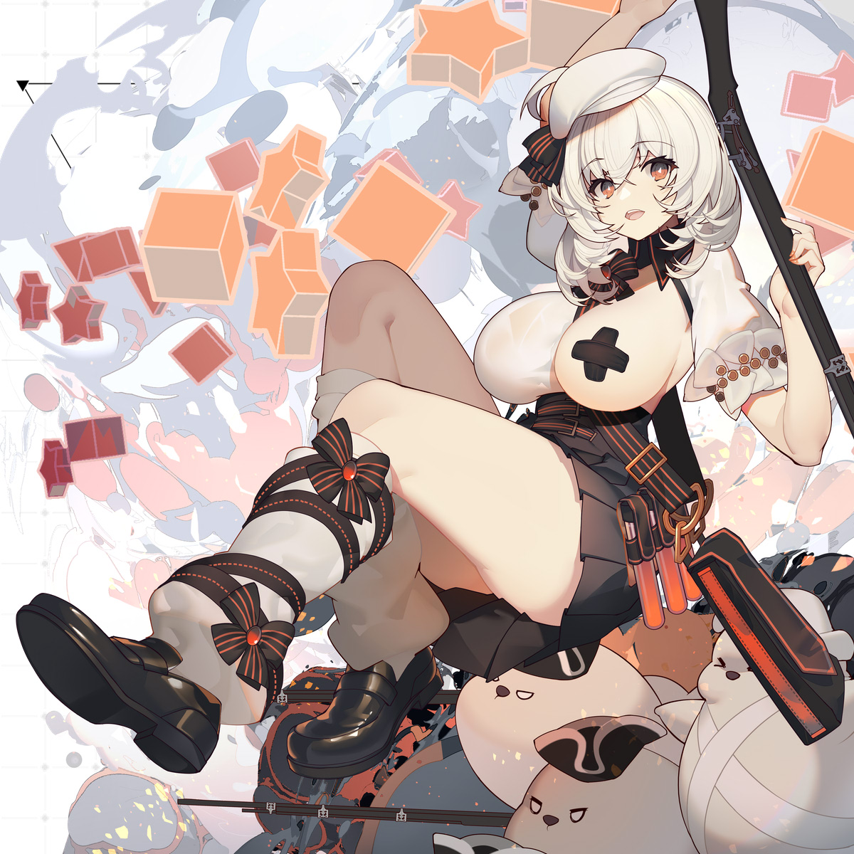 rain lan, goddess paradise, character request, commentary, highres, symbol-only commentary, 1girl, belt, black belt, black bow, black bowtie, black hat, black shoes, black skirt, bow, bowtie, breasts, bright pupils, cross, cross pasties, cube, hat, holding, loose socks, medium hair, one breast out, open mouth, orange eyes, orange nails, pasties, pleated skirt, shoes, skirt, socks, star (symbol), striped bow, striped bowtie, striped clothes, teeth, upper teeth only, vial, white hair, white hat, white pupils, white socks