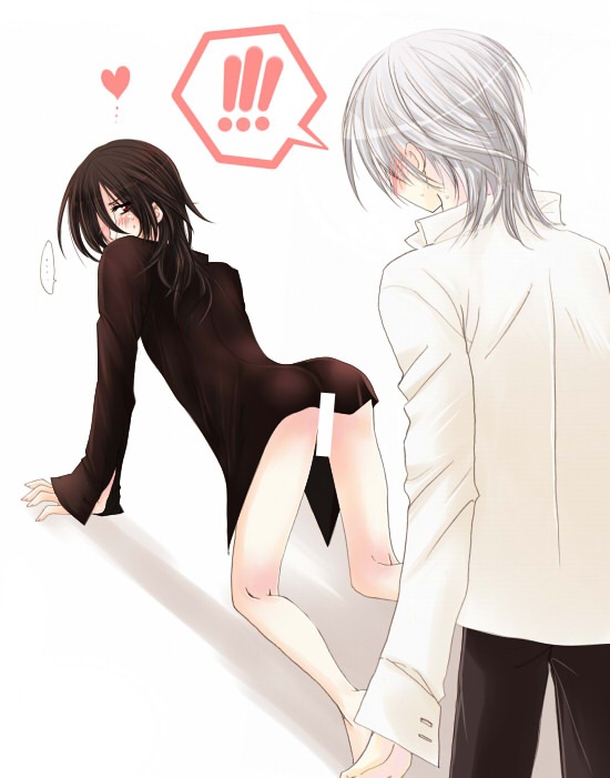 sagakure, kiryuu zero, kuran kaname, vampire knight, silver hair, !, 00s, 2boys, all fours, back, bent over, black hair, black shirt, blush, bottomless, censored, collared shirt, heart, long hair, long sleeves, looking at another, looking back, male focus, multiple boys, shadow, shirt, sweat, sweatdrop, trap, white shirt, yaoi