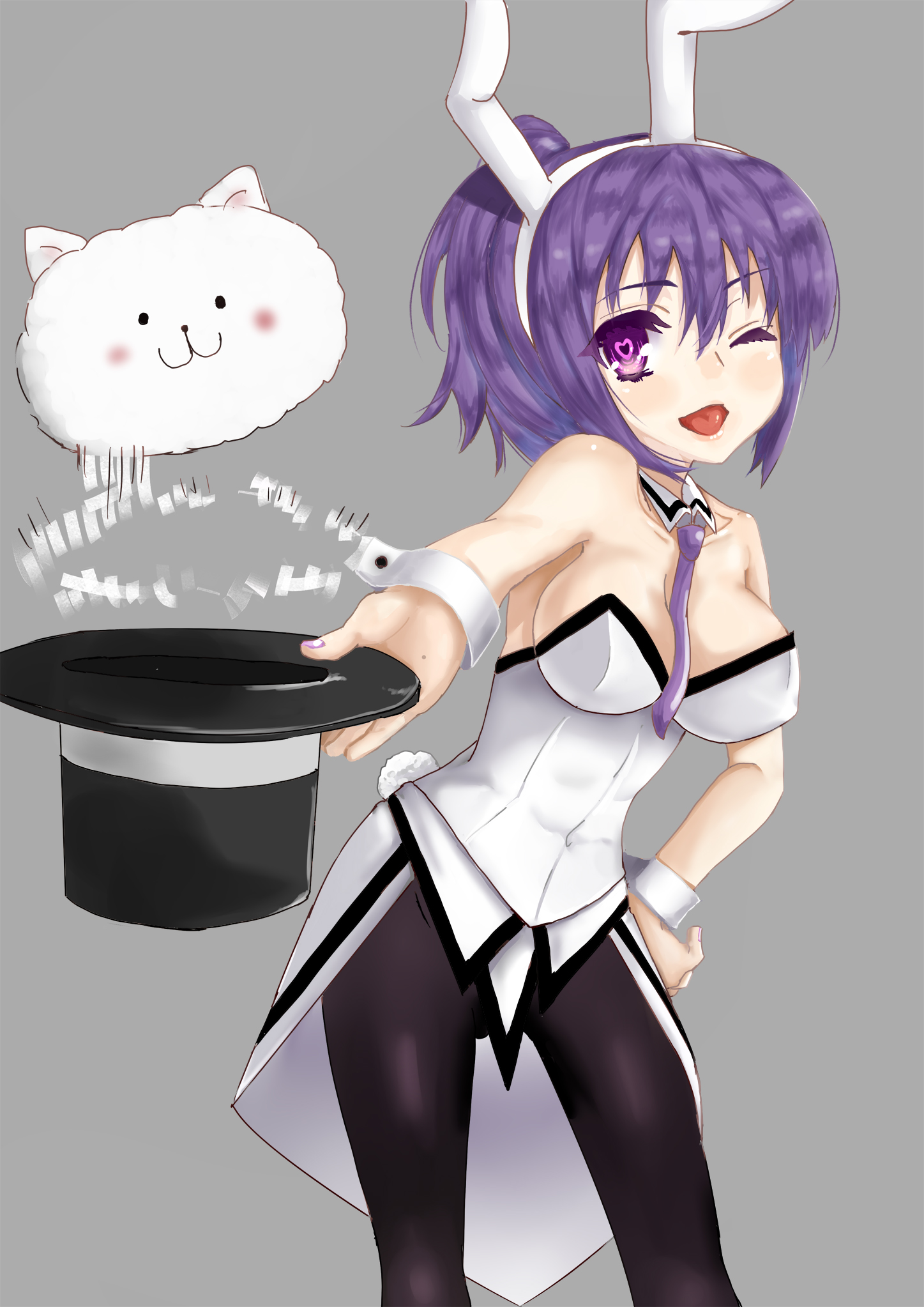 kawamata koori, tedeza rize, tippy (gochiusa), gochuumon wa usagi desu ka?, commentary request, highres, hat, heart, heart-shaped pupils, heart in eye, leotard, necktie, playboy bunny, purple eyes, purple hair, purple necktie, symbol-shaped pupils, symbol in eye, top hat, white leotard