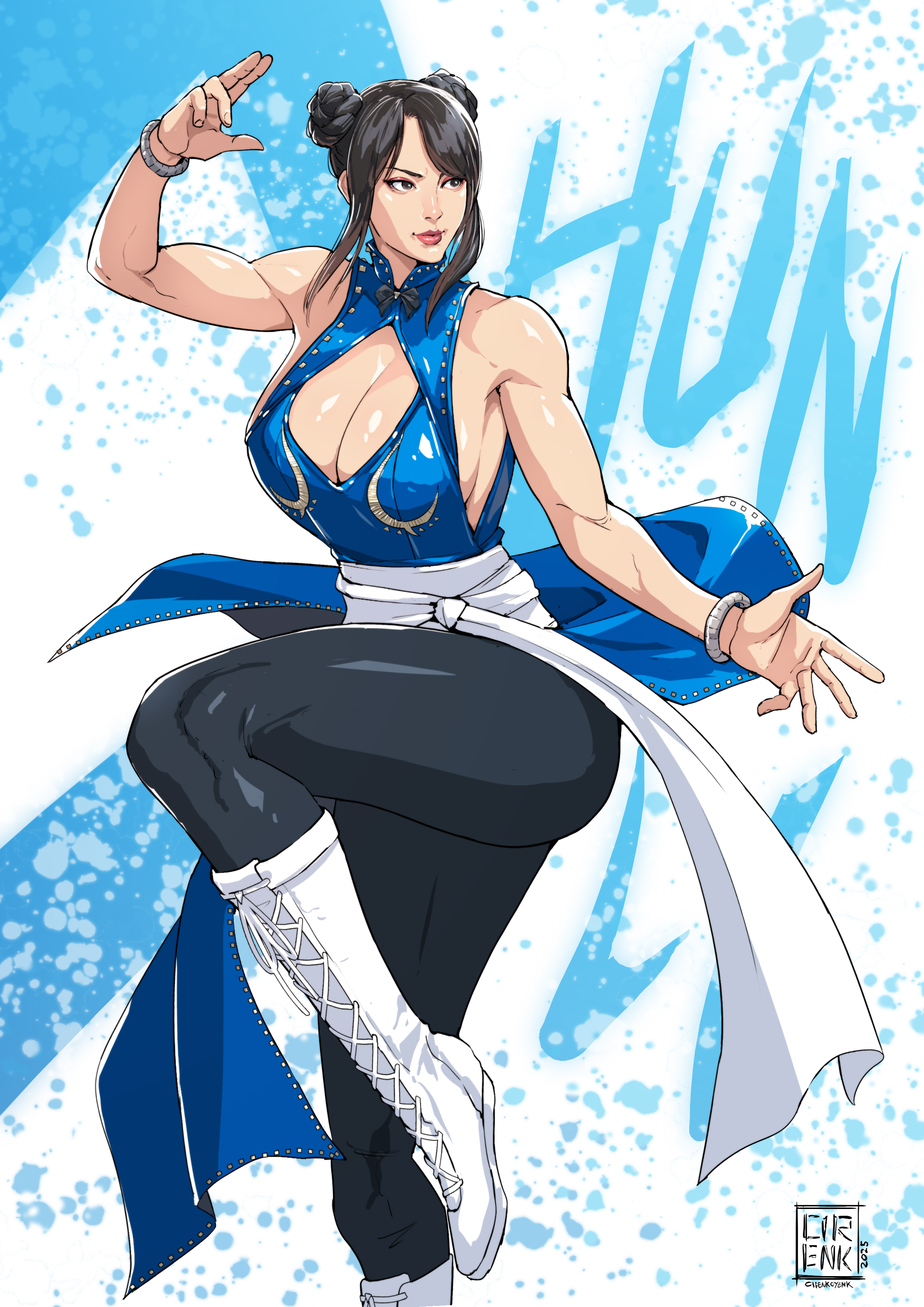 cirenk, chun-li, capcom, street fighter, absurdres, highres, 1girl, black hair, bracelet, breasts, brown eyes, china dress, chinese clothes, double bun, dress, fighting stance, hair bun, jewelry, large breasts, pantyhose, pelvic curtain, solo, thick thighs, thighs