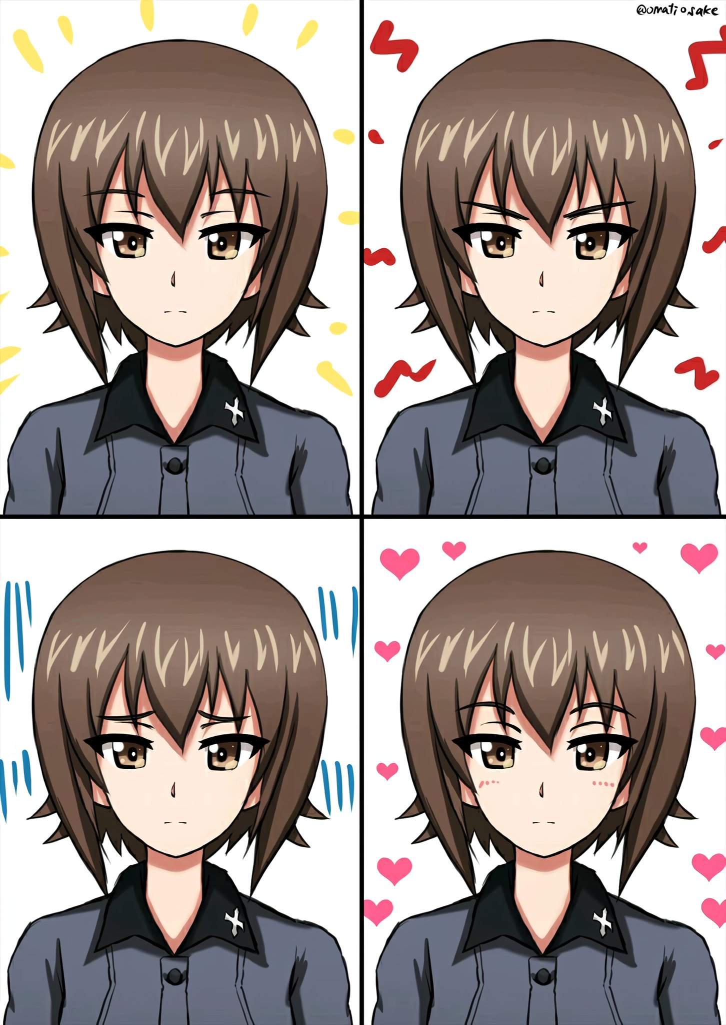 omachi (slabco), nishizumi maho, girls und panzer, highres, non-web source, 1girl, angry, blush, brown eyes, brown hair, closed mouth, cross, expression chart, grey shirt, happy, iron cross, kuromorimine school uniform, multiple expressions, sad, school uniform, shirt, short hair, solo, upper body, wing collar