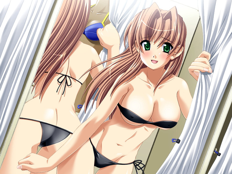 clockup, 1girl, ass, bikini, black bikini, blush, breasts, brown hair, butt crack, cleavage, curtains, dressing room, dutch angle, embarrassed, female focus, green eyes, happy, indoors, long hair, looking at viewer, micro bikini, mirror, nipples, open mouth, reflection, shop, shopping, side-tie bikini bottom, smile, solo, string bikini, swimsuit, underboob