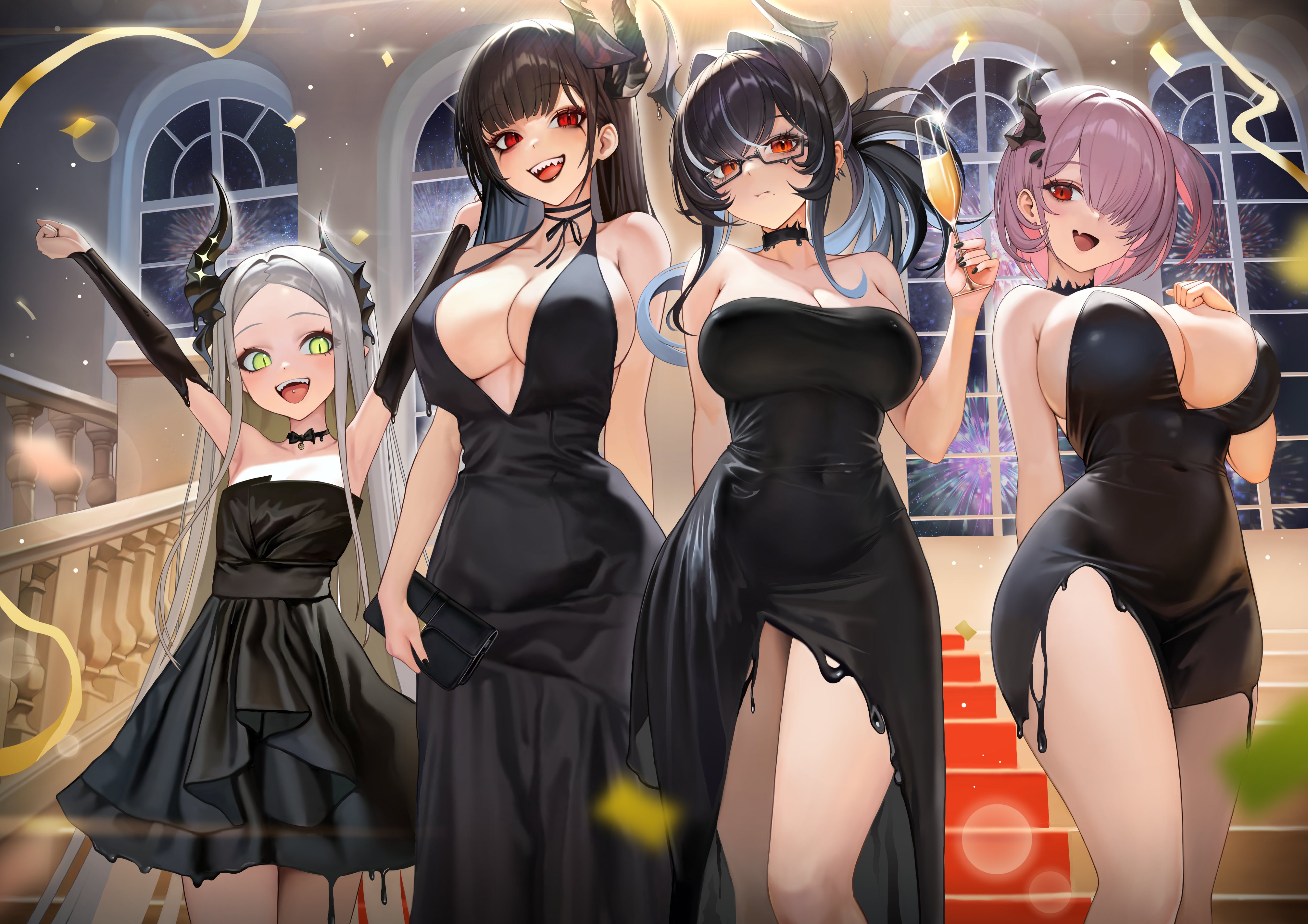 young99, bahamut (nikke), behemoth (nikke), leviathan (nikke), ziz (nikke), goddess of victory: nikke, absurdres, hashtag-only commentary, highres, 4girls, bag, bare shoulders, black dress, black hair, black liquid, breasts, cleavage, cup, dress, evening gown, four beasts (nikke), glasses, grey hair, handbag, holding, holding bag, holding cup, horns, indoors, large breasts, liquid clothes, long hair, multiple girls, purple hair, red eyes, short hair, single horn, smile, stairs, thighs, very long hair