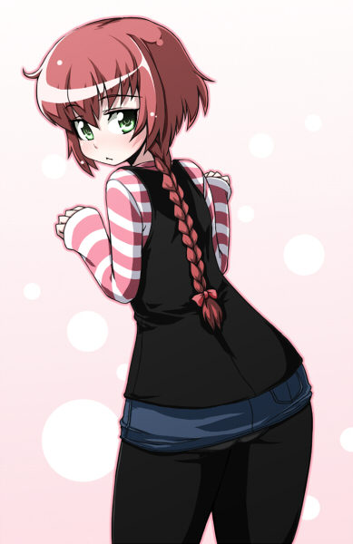 kaname nagi, suou pavlichenko, darker than black, 00s, 1girl, :<, ass, blush, braid, denim, denim skirt, female focus, from behind, green eyes, heavy lens flare, lens flare, long sleeves, looking back, miniskirt, panties, panties under pantyhose, pantyhose, pantyshot, pencil skirt, pink hair, single braid, skirt, solo, underwear, upskirt