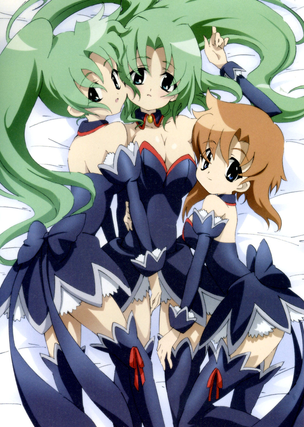 ryuuguu rena, sonozaki mion, sonozaki shion, higurashi no naku koro ni, highres, official art, 00s, 3girls, angel mort, bed, blue eyes, breasts, brown hair, cheek-to-cheek, cleavage, green eyes, green hair, heads together, long hair, looking at viewer, lying, multiple girls, on back, on side, ponytail, short hair, siblings, sisters, twins