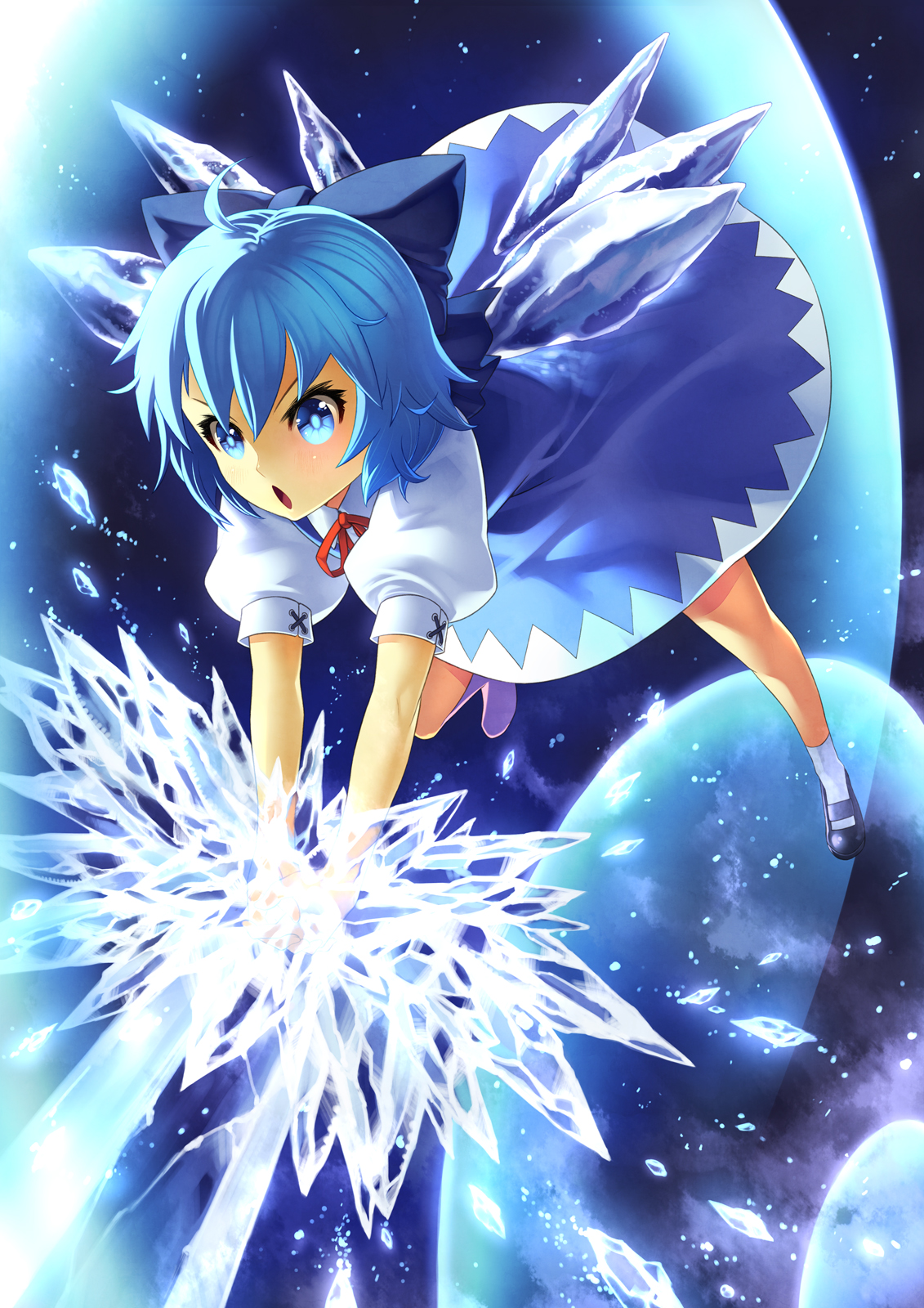 kunieda, cirno, embodiment of scarlet devil, touhou, highres, >:o, 1girl, :o, blue eyes, blue hair, bow, crystal sword, female focus, hair bow, ice, ice wings, matching hair/eyes, short hair, solo, sword, v-shaped eyebrows, weapon, wings