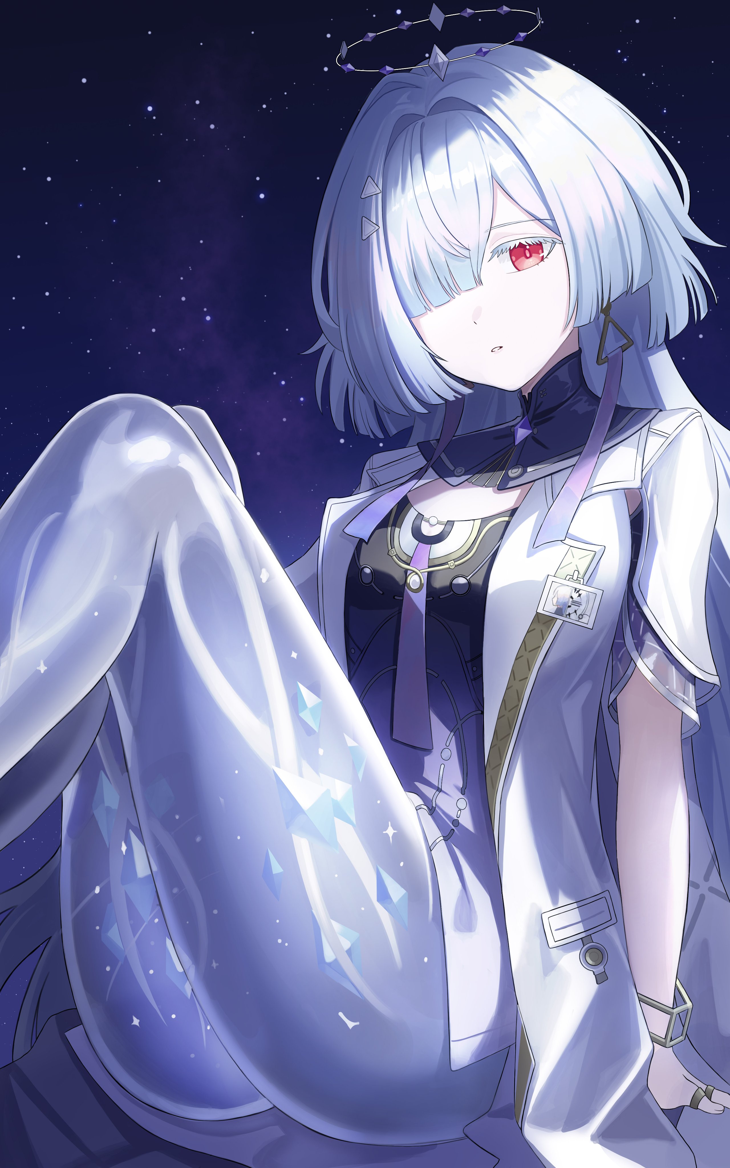 yumemi (meng shi), mornye (wuthering waves), wuthering waves, absurdres, commentary, highres, 1girl, breasts, colored eyelashes, dress, earrings, grey hair, hair ornament, hair over breasts, hair over one breast, halo, id card, jacket, jewelry, knees up, long hair, looking at viewer, medium breasts, multiple rings, parted lips, purple dress, red eyes, ring, see-through body, sitting, sky, solo, space, star (sky), starry sky, thighs, triangle earrings, white jacket