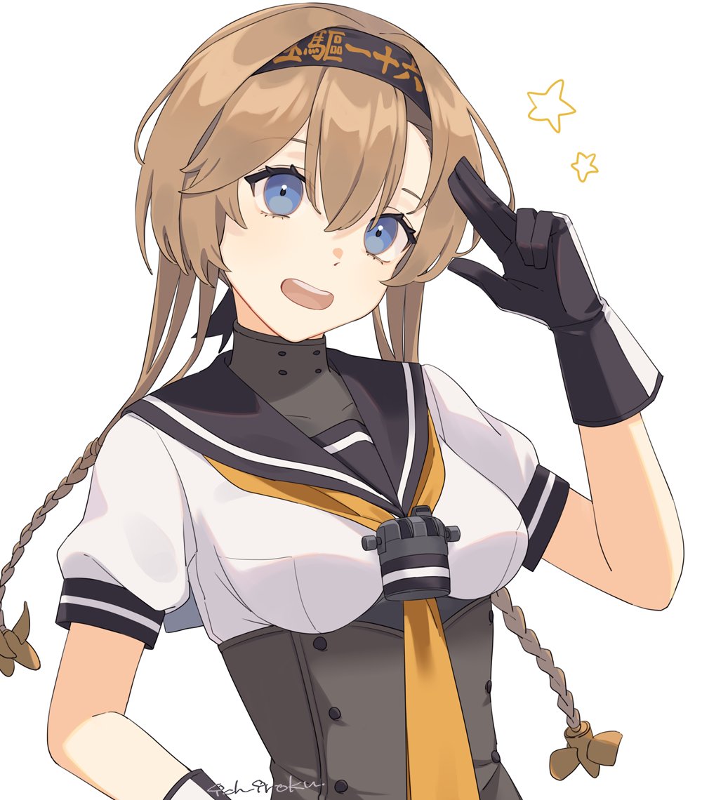 ichiroku (sakumogu-029), teruzuki (kancolle), kantai collection, commentary request, 1girl, black gloves, black headband, blue eyes, braid, breasts, brown hair, clothes writing, gloves, hachimaki, hair between eyes, hair ornament, headband, long hair, looking at viewer, medium breasts, neckerchief, open mouth, orange neckerchief, propeller hair ornament, sailor collar, school uniform, serafuku, short sleeves, signature, simple background, solo, star (symbol), twin braids, upper body, white background