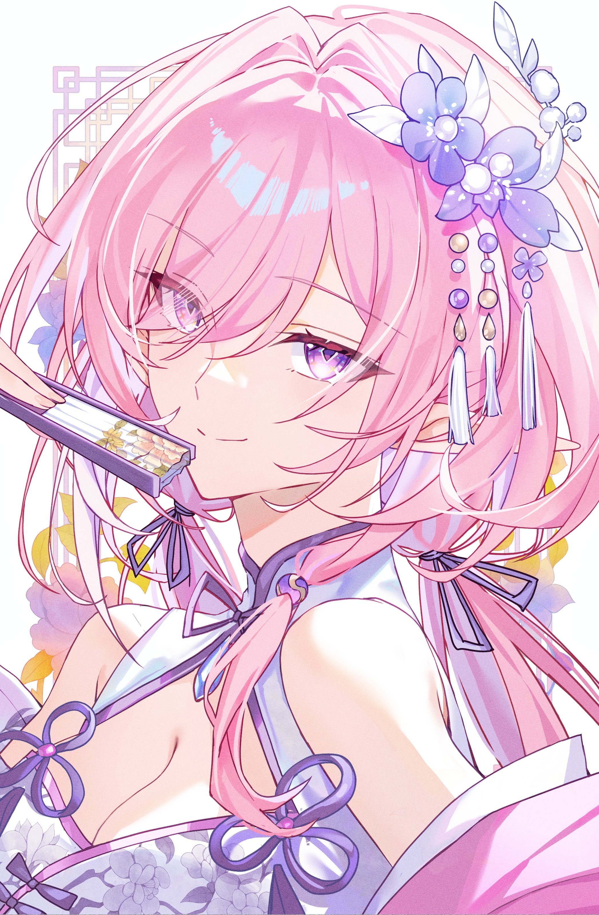 b soyo1, cyrene (honkai: star rail), honkai: star rail, honkai (series), absurdres, commentary, hashtag-only commentary, highres, 1girl, alternate costume, bare shoulders, breasts, chinese clothes, cleavage, closed mouth, cyrene (demiurge) (honkai: star rail), diamond-shaped pupils, diamond (shape), eyes visible through hair, flower, folded fan, folding fan, hair flower, hair ornament, hair over one eye, hand fan, holding, holding fan, long hair, looking at viewer, medium breasts, pink hair, purple eyes, purple flower, smile, solo, symbol-shaped pupils