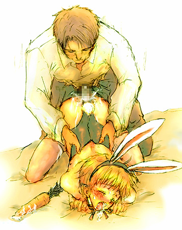 artist request, character request, copyright request, lowres, source request, 2boys, anal, animal costume, animal ears, bed, bent over, blonde hair, blush, carrot, censored, closed eyes, crossdressing, crossdressing (mtf), cum, fake animal ears, food, male focus, male penetrated, multiple boys, open mouth, playboy bunny, rabbit ears, rabbit tail, saliva, sex, shota, spread legs, sweatdrop, tail, top-down bottom-up, trap, vegetable, yaoi
