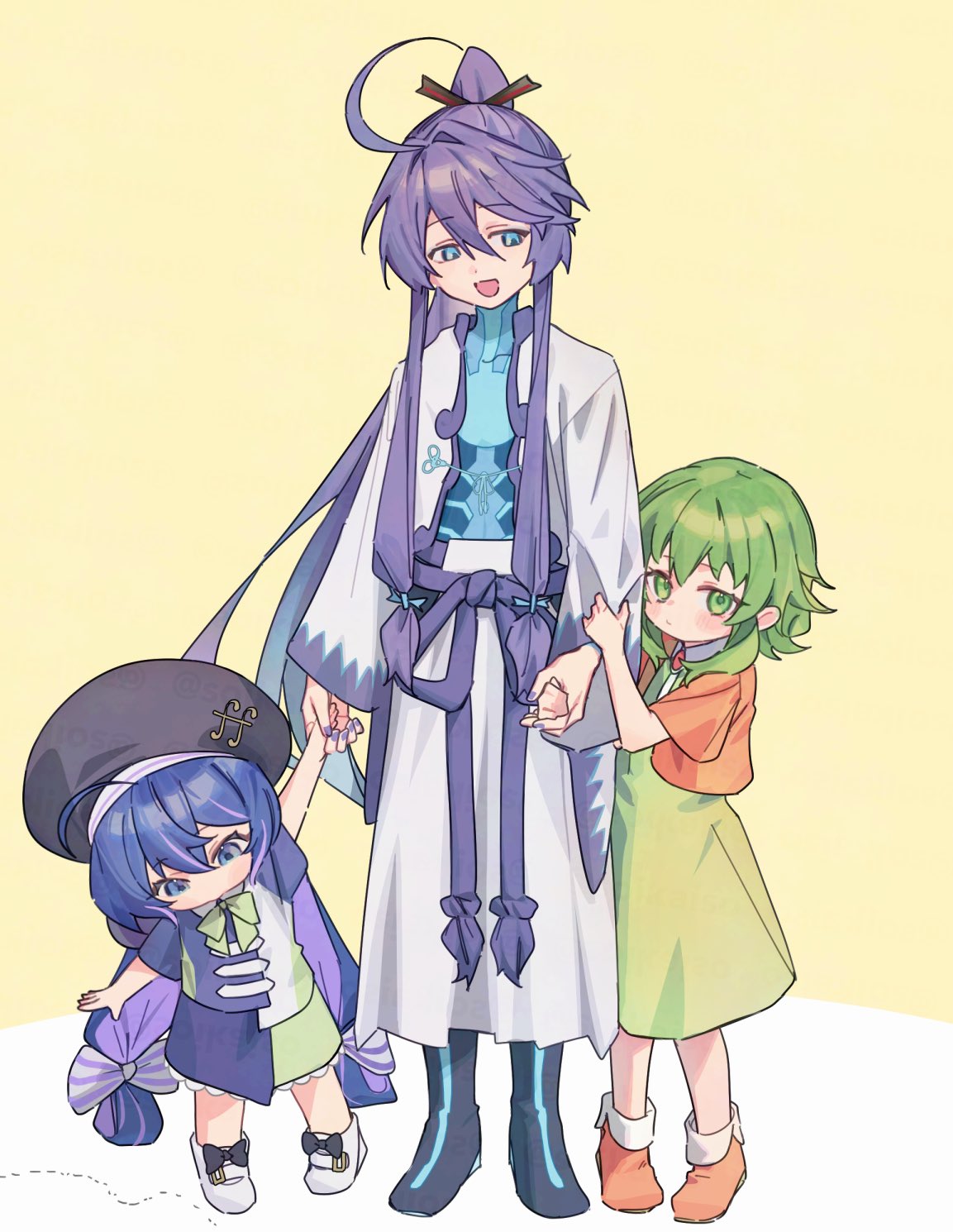 soikaiso, gumi, kamui gakupo, otomachi una, vocaloid, commentary request, highres, 1boy, 2girls, aged down, ahoge, ant, black hat, blue eyes, blue hair, blush, boots, bug, closed mouth, dress, green dress, green eyes, green hair, hair between eyes, hair ribbon, hat, holding hands, insect, japanese clothes, long hair, long sleeves, low twintails, multicolored hair, multiple girls, nail polish, orange boots, ponytail, purple hair, purple nails, ribbon, short hair with long locks, short sleeves, simple background, standing, twintails, wide sleeves