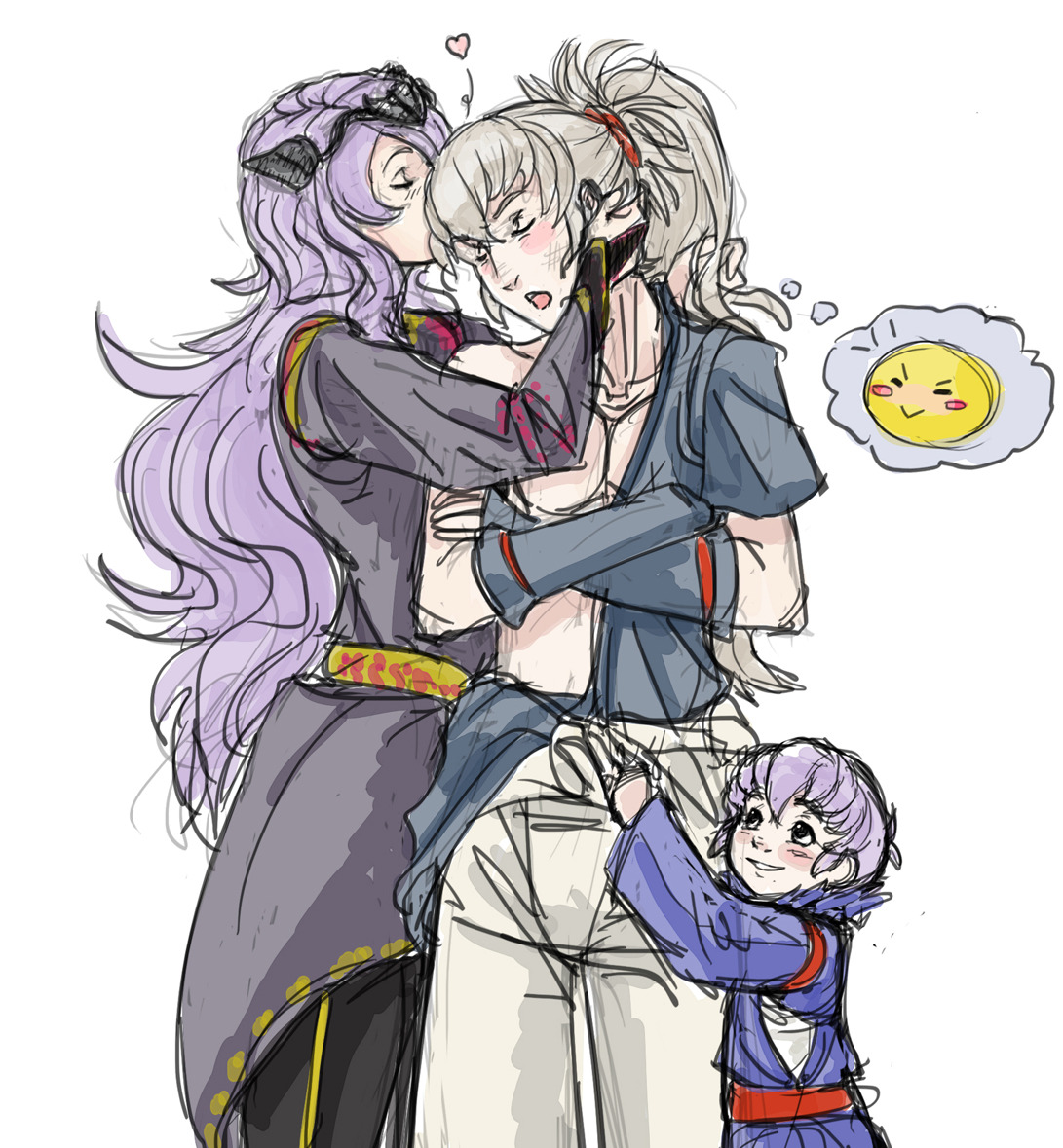 takumi, camilla (fire emblem), kiragi (fire emblem), fire emblem, fire emblem fates, nintendo, 1girl, 2boys, alternate costume, chignon, closed eyes, emoji, father and son, grey hair, hand on another's head, heart, husband and wife, kiss, kissing cheek, long hair, mother and son, multiple boys, older female and younger male, purple hair, simple background, speech bubble, tactful-kind-daedra, thought bubble, tiara, wavy hair