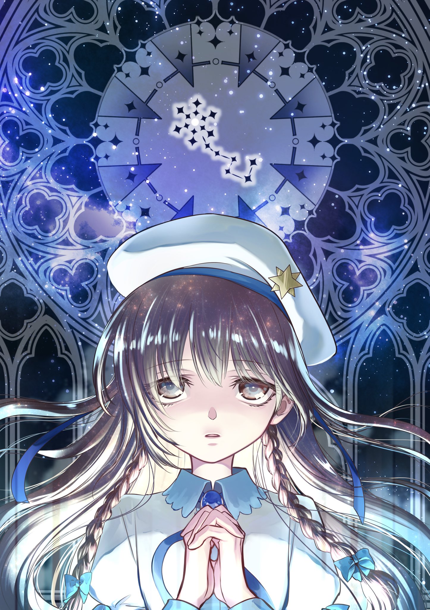 natsumi kei, higurashi no naku koro ni, higurashi no naku koro ni rei, commentary request, highres, 1girl, black eyes, black hair, braid, constellation, dress, floating hair, hands up, interlocked fingers, looking up, mikazuki inori, own hands clasped, own hands together, polaris (star), sky, star (sky), starry sky, twin braids, ursa minor (constellation), white dress