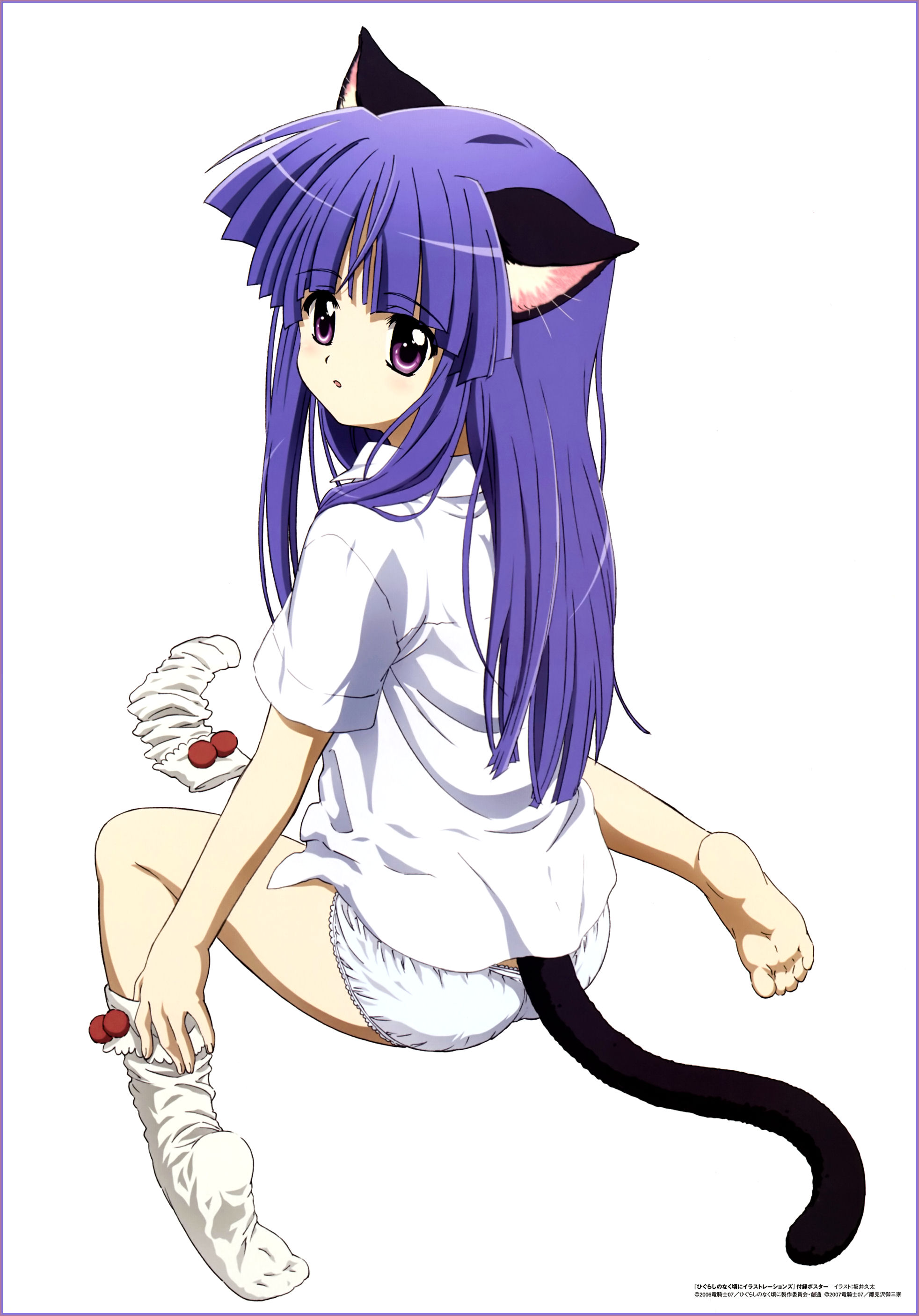 furude rika, higurashi no naku koro ni, absurdres, highres, official art, scan, 00s, animal ears, barefoot, blue hair, blush, cat ears, cat girl, cat tail, feet, female focus, loli, long hair, looking back, no shoes, open mouth, panties, purple eyes, simple background, single sock, sitting, socks, soles, solo, tail, toes, underwear