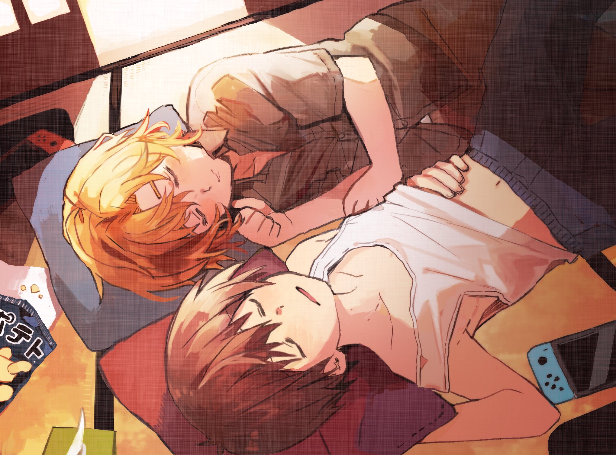 nuancho, higurashi no naku koro ni, higurashi no naku koro ni rei, commentary request, highres, 2boys, blue pants, brown hair, chips (food), food, lying, maebara keitarou, male focus, multiple boys, nintendo switch, nuatyo, on ground, orange hair, pants, ryuuguu kihiro, short sleeves, sleeping, stomach, tank top, tatami