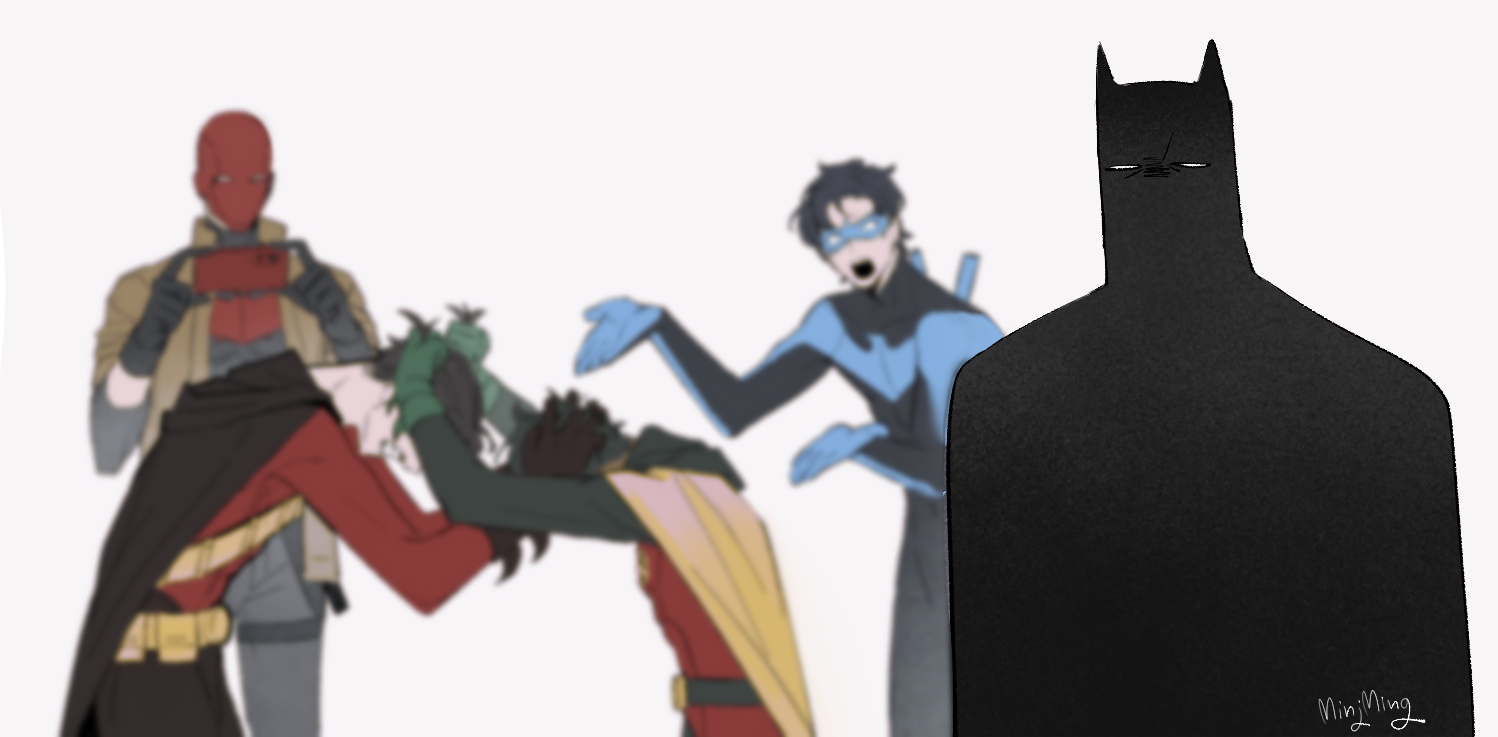 batman, bruce wayne, damian wayne, dick grayson, jason todd, nightwing, red hood (dc), robin (dc), tim drake, batman (series), dc comics, hashtag-only commentary, bat signal, batman symbol, belt, black cape, black gloves, black hair, bodysuit, brothers, cape, cowl, domino mask, eye mask, gloves, grey bodysuit, male focus, mask, minjmingg, multicolored bodysuit, multiple boys, muscular, muscular male, short hair, siblings, simple background, superhero costume, taut bodysuit, two-tone bodysuit, utility belt