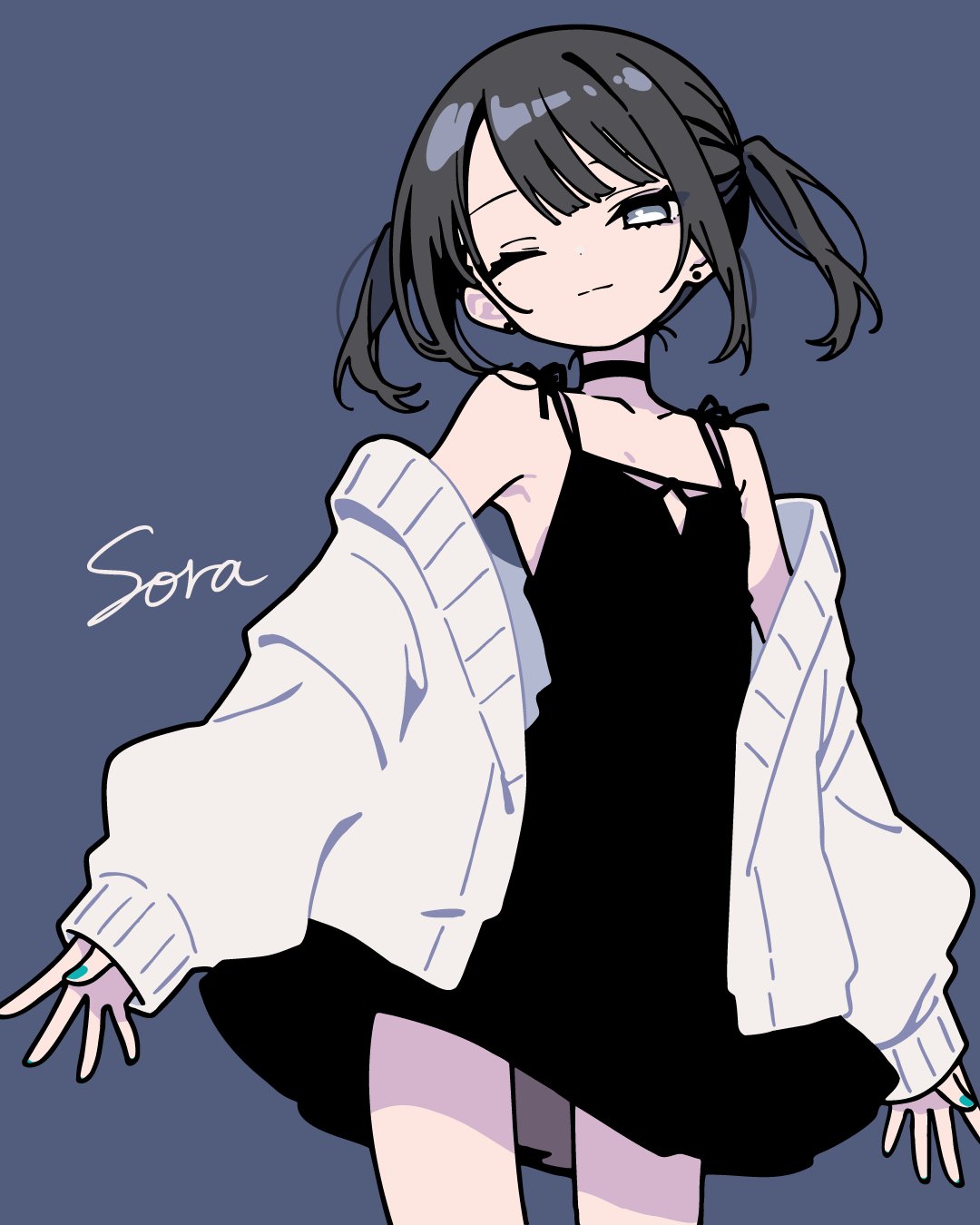 ameniwa, original, commentary, english commentary, highres, 1girl, aqua nails, bare shoulders, black choker, black dress, black hair, breasts, character name, choker, dress, grey background, jacket, one eye closed, short hair, simple background, small breasts, thighs, white jacket