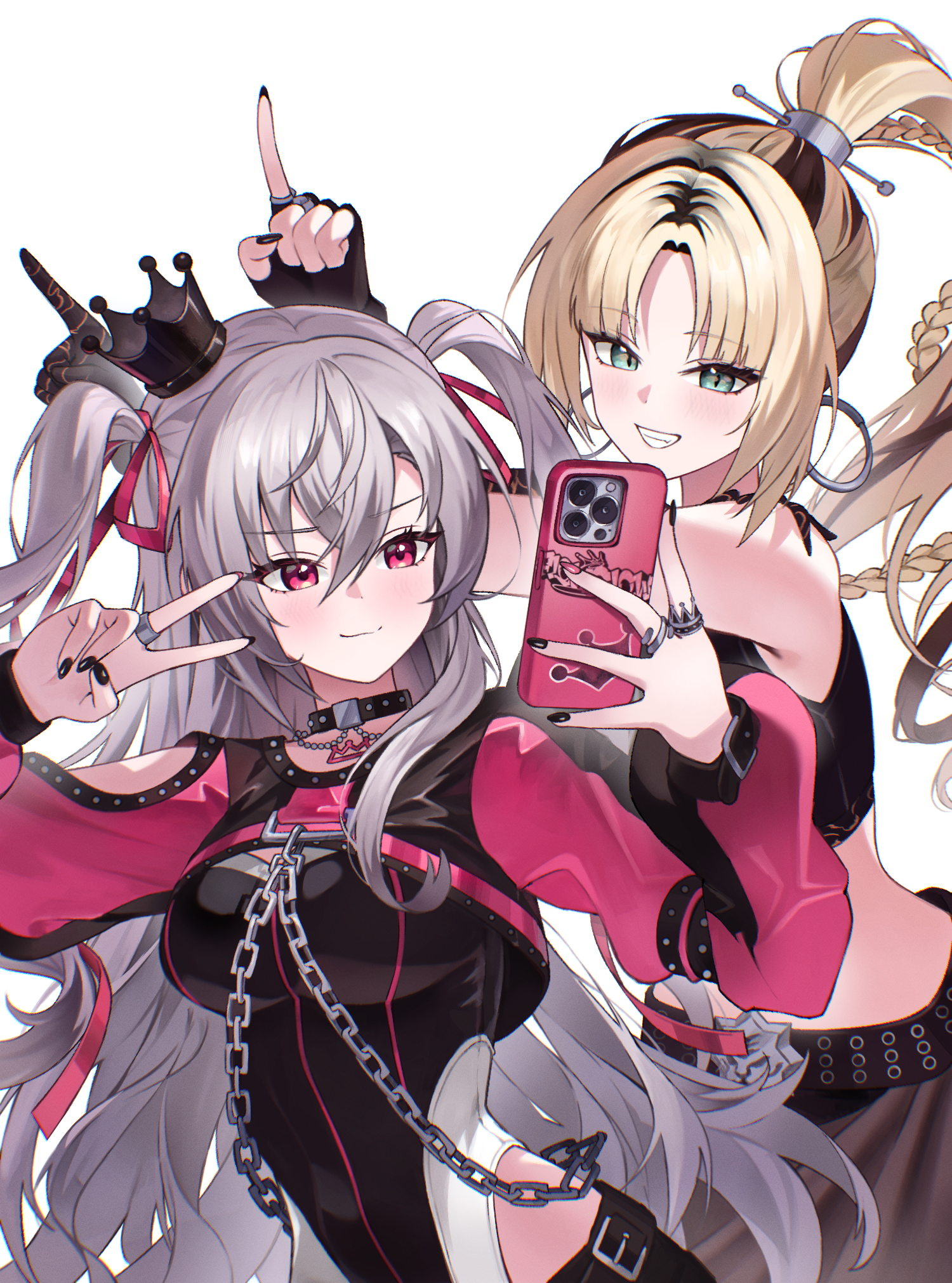 ppot, isaki riona, isaki riona (flowglow uniform), koganei niko, koganei niko (flowglow uniform), hololive, hololive dev is, commentary request, highres, 1girl, 2girls, :d, aqua eyes, black choker, black crown, black gloves, black nails, black skirt, black streaks, blonde hair, braid, cellphone, chain, choker, closed mouth, clothing cutout, crop top, crossed bangs, crown, curtained hair, double-parted bangs, earrings, elbow gloves, fingerless gloves, gloves, grey hair, grin, hair between eyes, hair ribbon, high ponytail, hip vent, holding, holding phone, hoop earrings, horns pose, jewelry, lace, lace gloves, leotard, leotard under clothes, long hair, looking at phone, mini crown, multiple girls, multiple rings, nail polish, official alternate costume, official alternate hairstyle, open mouth, phone, pink eyes, pink ribbon, pink shrug, ponytail, ribbon, ring, selfie, shoulder cutout, shrug (clothing), simple background, single sidelock, skirt, slit pupils, smartphone, smile, two side up, v, very long hair, virtual youtuber, white background