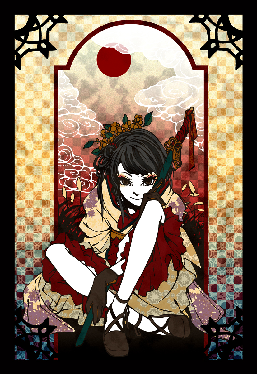 imatomo mahya, original, bad id, bad pixiv id, highres, 1girl, art nouveau, black hair, brown eyes, female focus, flower, solo, strap, sword, weapon
