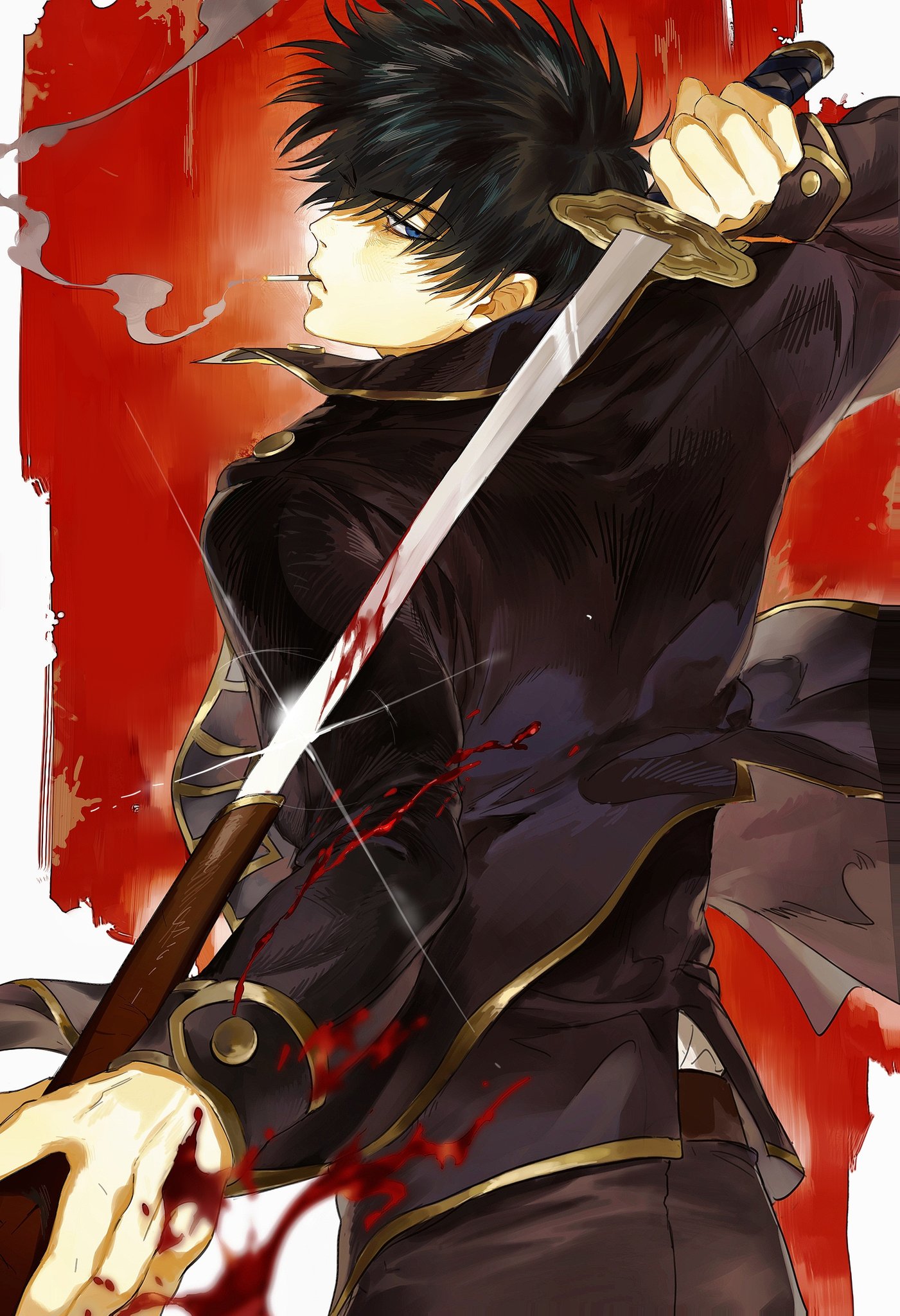 sgat, hijikata toushirou, gintama, hashtag-only commentary, highres, 1boy, belt, black hair, black jacket, black pants, blood, blood splatter, bloody weapon, blue eyes, cigarette, cowboy shot, from behind, glint, holding, holding sheath, holding sword, holding weapon, jacket, katana, long sleeves, looking at viewer, looking back, male focus, mouth hold, open clothes, open jacket, pants, profile, red background, scabbard, sheath, shinsengumi (gintama), short hair, smoke, smoking, solo, sparkle, standing, sword, unsheathing, weapon