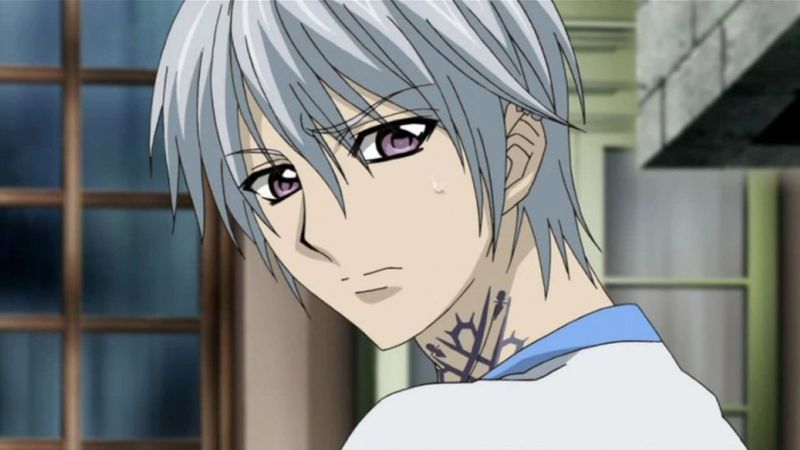 kiryuu zero, vampire knight, silver hair, 00s, 1boy, looking back, male focus, solo, tattoo
