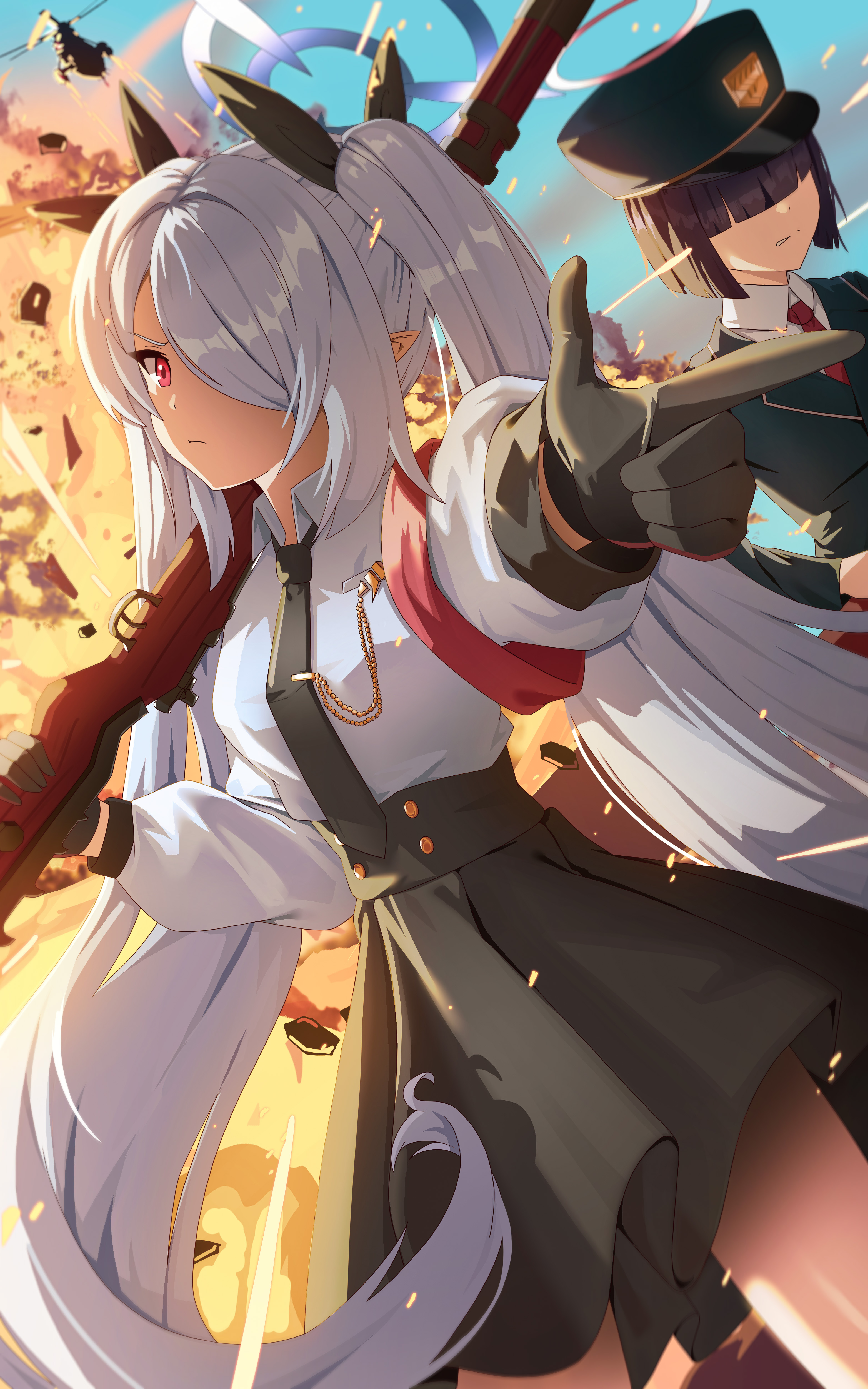 taylor (41848077), iori (blue archive), prefect team member (blue archive), blue archive, absurdres, commentary request, highres, korean commentary, 2girls, black gloves, black hat, black jacket, black ribbon, black skirt, blunt bangs, blunt ends, bolt action, closed mouth, collared shirt, dark-skinned female, dark skin, explosion, finger gun, gloves, grey hair, gun, hair over eyes, hair over one eye, hair ribbon, halo, hat, high-waist skirt, holding, holding gun, holding weapon, jacket, long hair, mauser 98, multiple girls, necktie, purple halo, red eyes, red halo, red necktie, ribbon, rifle, shirt, short hair, sidelocks, skirt, twintails, very long hair, weapon, white shirt