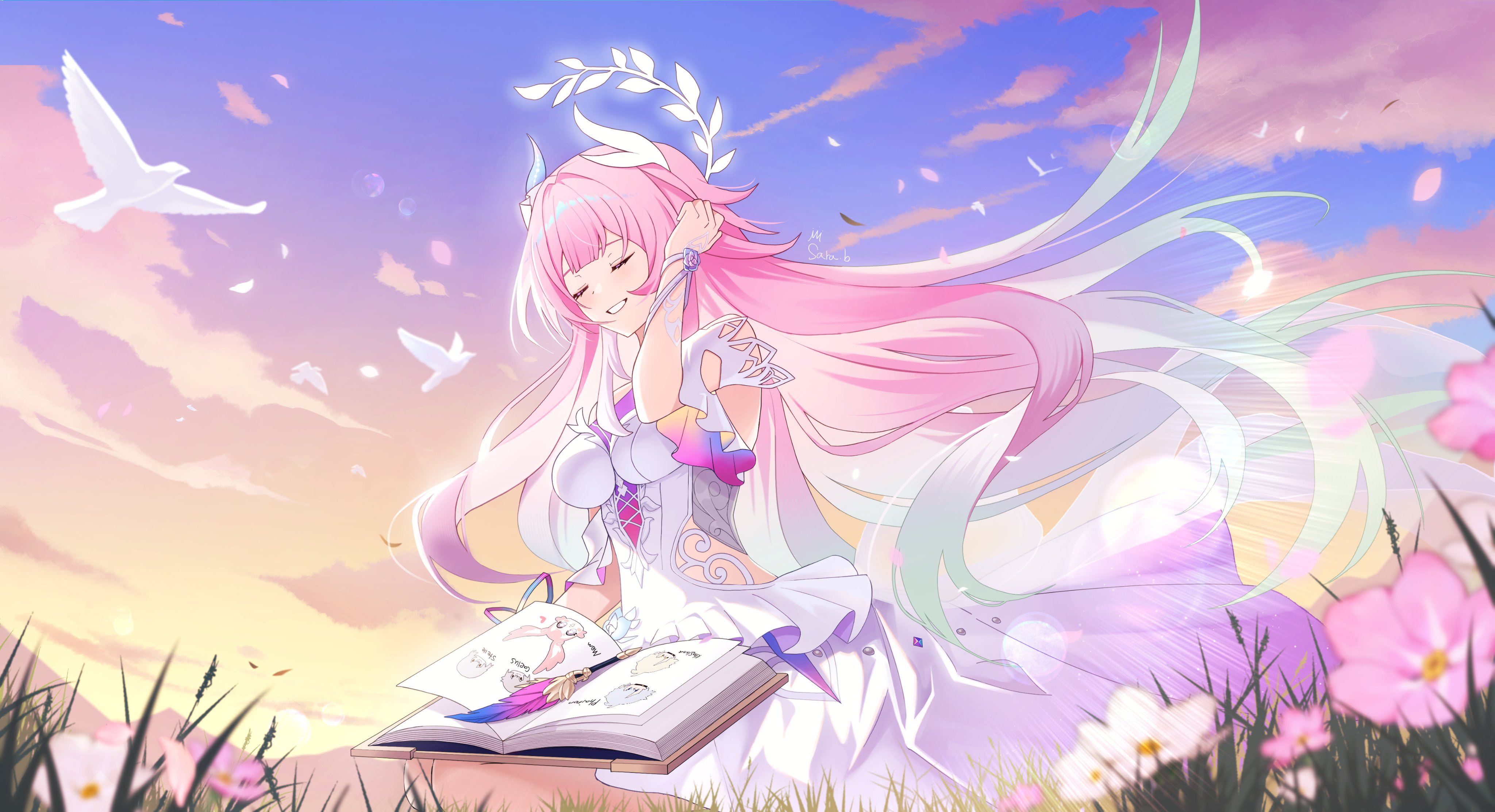 sarablanche, cyrene (honkai: star rail), honkai: star rail, honkai (series), absurdres, commentary, highres, symbol-only commentary, 1girl, as i've written (honkai: star rail), bird, blue sky, book, breasts, cyrene (demiurge) (honkai: star rail), dove, dress, field, flower, flower field, large breasts, long hair, multicolored hair, open book, pink hair, sitting, sky, smile, solo, two-tone hair, very long hair, white dress, white hair