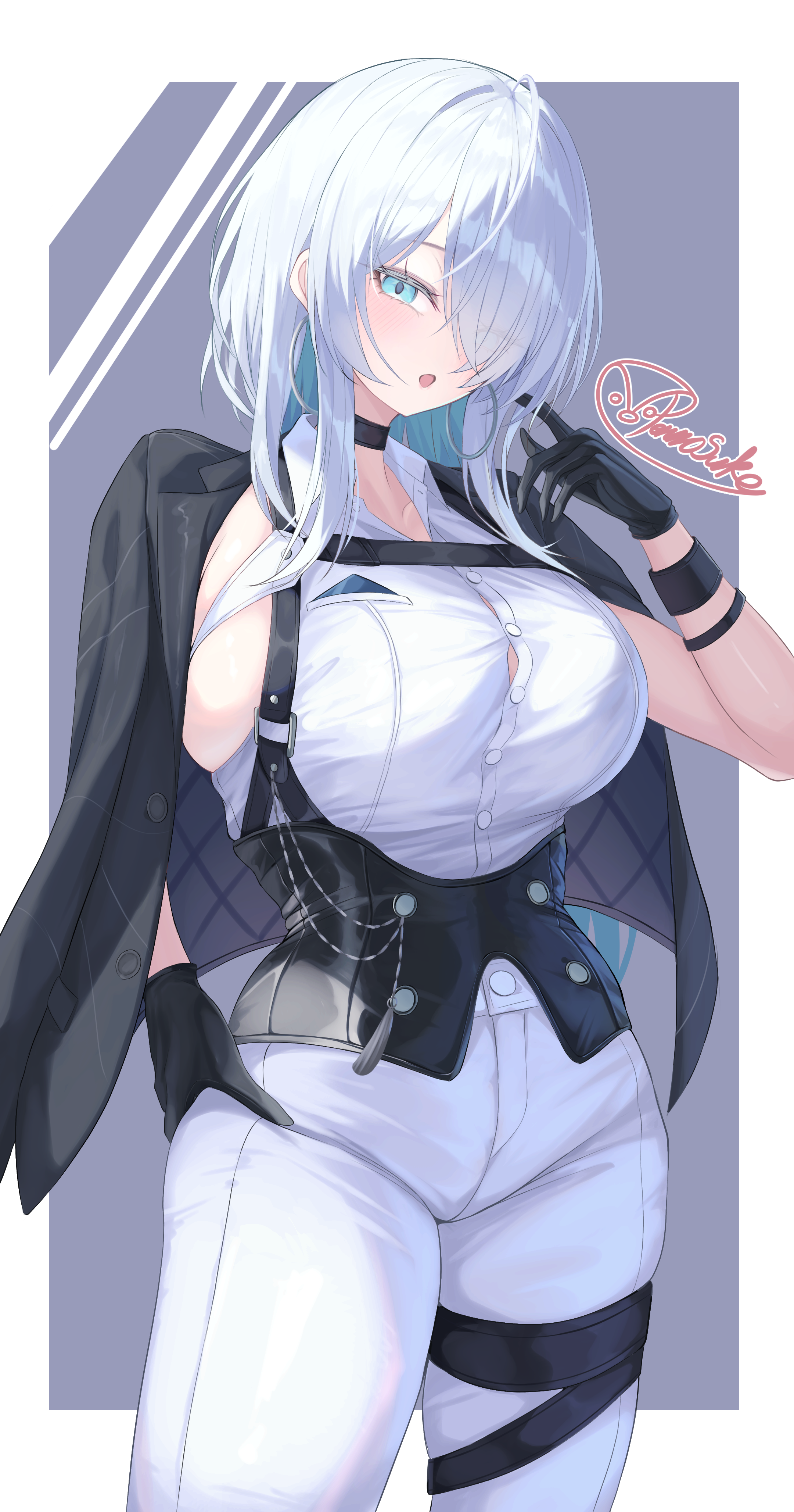 pennosuke, brid (nikke), brid (silent track) (nikke), goddess of victory: nikke, absurdres, commentary request, highres, 1girl, :o, aqua hair, backless shirt, black choker, black corset, black jacket, blue eyes, blush, breasts, button gap, chest harness, choker, collarbone, collared shirt, colored inner hair, corset, cowboy shot, earrings, floating earrings, gloves, grey hair, hair between eyes, hair down, hair over one eye, hand on own hip, hand up, harness, jacket, jacket on shoulders, jewelry, large breasts, long hair, looking at viewer, multicolored hair, official alternate costume, official alternate hairstyle, open mouth, pants, shirt, sideboob, sideless shirt, sidelocks, signature, skindentation, sleeveless, solo, standing, thigh strap, tight clothes, tight pants, two-tone hair, white pants, white shirt