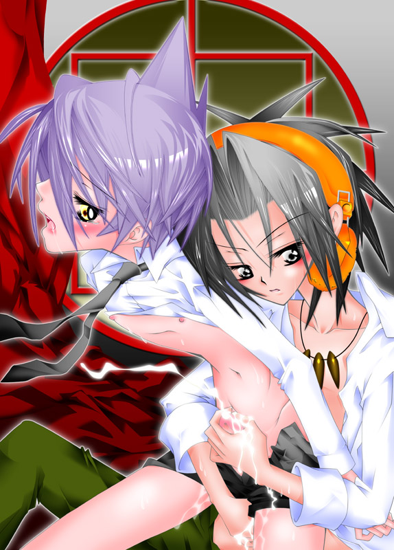 asakura yoh, tao ren, shaman king, 2boys, blush, cum, handjob, headphones, jewelry, male focus, multiple boys, necklace, necktie, open clothes, open mouth, open shirt, penis, purple hair, saliva, shirt, shorts, shota, tears, yaoi