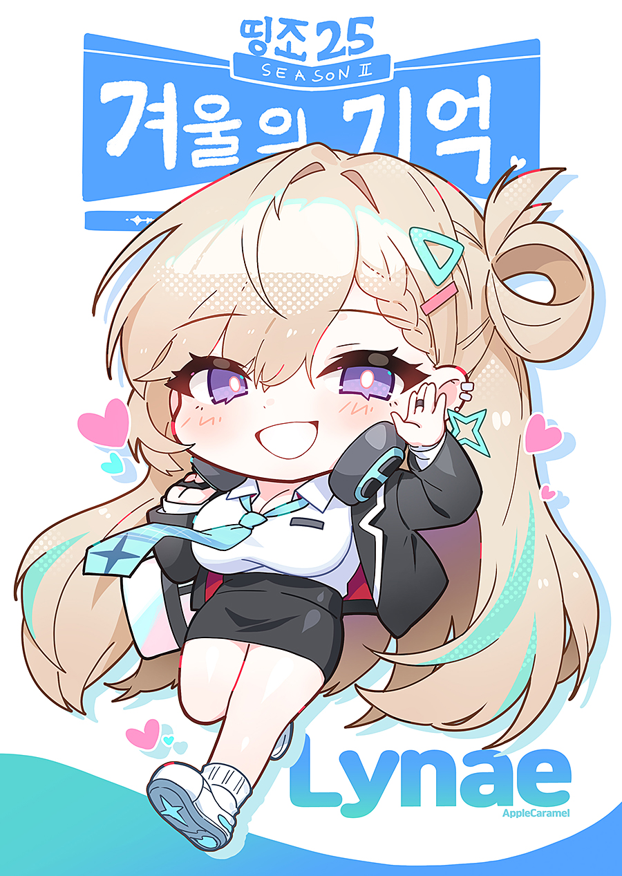 apple caramel, lynae (wuthering waves), wuthering waves, commentary, highres, translation request, 1girl, black jacket, black skirt, blonde hair, blue necktie, braid, braided bangs, breasts, character name, collared shirt, gs25, hair ornament, hand up, headphones, headphones around neck, jacket, large breasts, long hair, looking at viewer, multicolored hair, necktie, official alternate costume, purple eyes, shirt, shoes, skirt, smile, solo, streaked hair, very long hair, waving, white shirt, white shoes