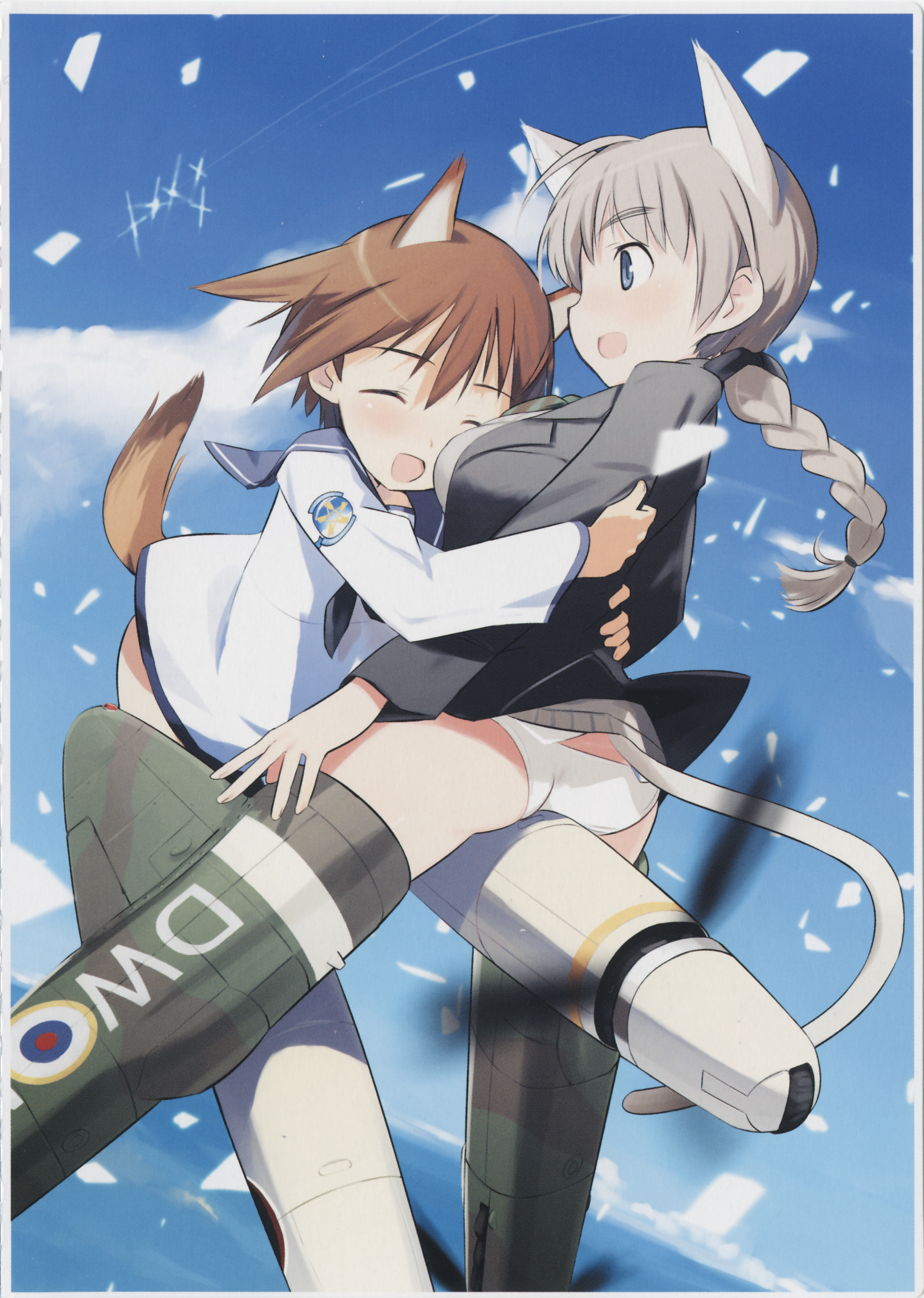 shimada fumikane, lynette bishop, miyafuji yoshika, strike witches, world witches series, silver hair, absurdres, highres, scan, 00s, 2girls, animal ears, ass, between legs, blazer, blue eyes, braid, breast press, breasts, brown hair, cat ears, cat tail, closed eyes, day, hug, jacket, long hair, medium breasts, multiple girls, panties, school uniform, serafuku, short hair, single braid, sky, striker unit, surprised, tail, tareme, underwear, white panties