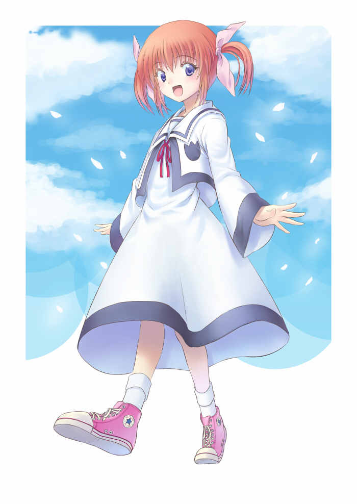 takamachi nanoha, converse, lyrical nanoha, mahou shoujo lyrical nanoha, 00s, 1girl, blue eyes, brown hair, cloud, day, female focus, hair ribbon, ribbon, school uniform, shoes, sky, smile, sneakers, socks, solo, twintails