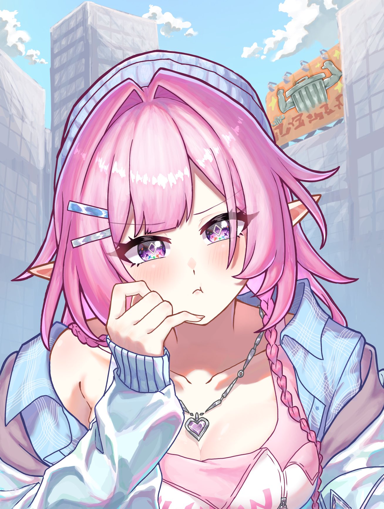 cyrene (honkai: star rail), lordly trashcan (honkai: star rail), honkai: star rail, honkai (series), commentary request, highres, 1girl, blue jacket, blue sky, breasts, building, collarbone, crop top, cyrene (demiurge) (honkai: star rail), cyrene (nylon japan) (honkai: star rail), diamond-shaped pupils, diamond (shape), heart, heart necklace, jacket, jewelry, large breasts, long hair, looking at viewer, nabe kue, necklace, official alternate costume, outdoors, pink hair, pout, purple eyes, sky, skyscraper, solo, symbol-shaped pupils, upper body, very long hair
