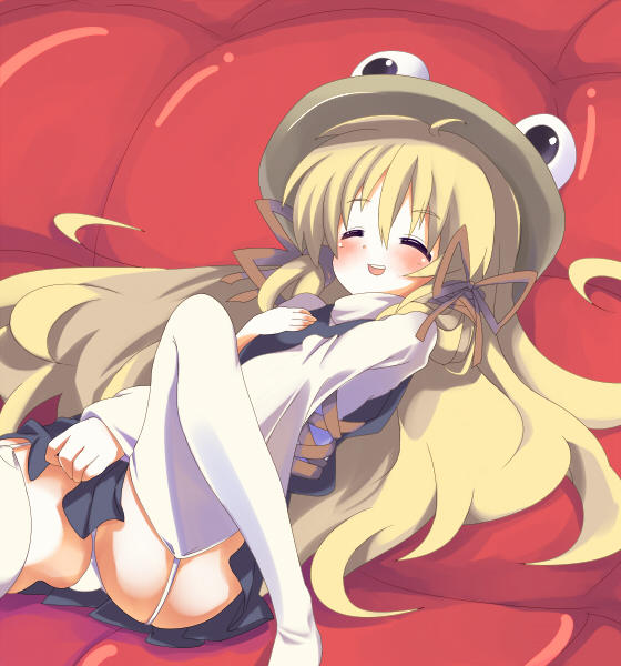 sora to umi, moriya suwako, touhou, 1girl, female focus, garter belt, long hair, panties, solo, thighhighs, underwear, white thighhighs