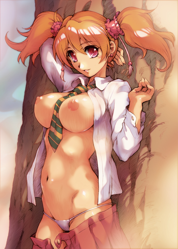 hisahiko, momozono love, fresh precure!, precure, 00s, 1girl, against tree, between breasts, breasts, female focus, groin, large breasts, necktie, nipples, open clothes, open shirt, orange hair, panties, pantyshot, red eyes, school uniform, shirt, skirt, slit pupils, solo, tree, twintails, underwear, upskirt
