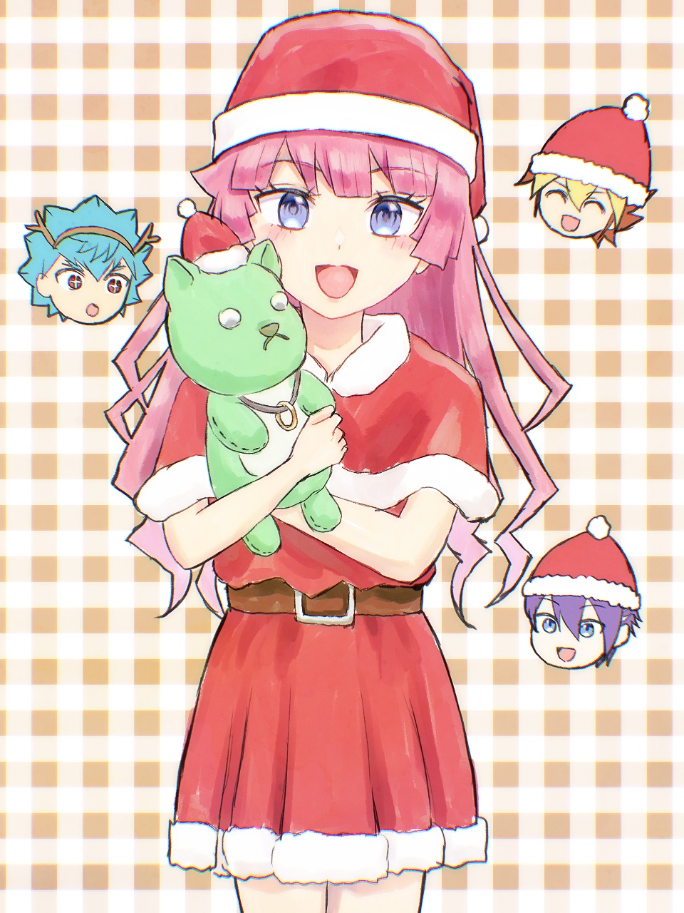 chokopi (tuna11), kamijou tatsuhisa, kirishima romin, ohdo yuga, sougetsu gakuto, yu-gi-oh!, yu-gi-oh! sevens, commentary, highres, symbol-only commentary, blue eyes, blue hair, christmas, hat, looking at viewer, pink hair, purple hair, santa hat, stuffed animal, stuffed toy