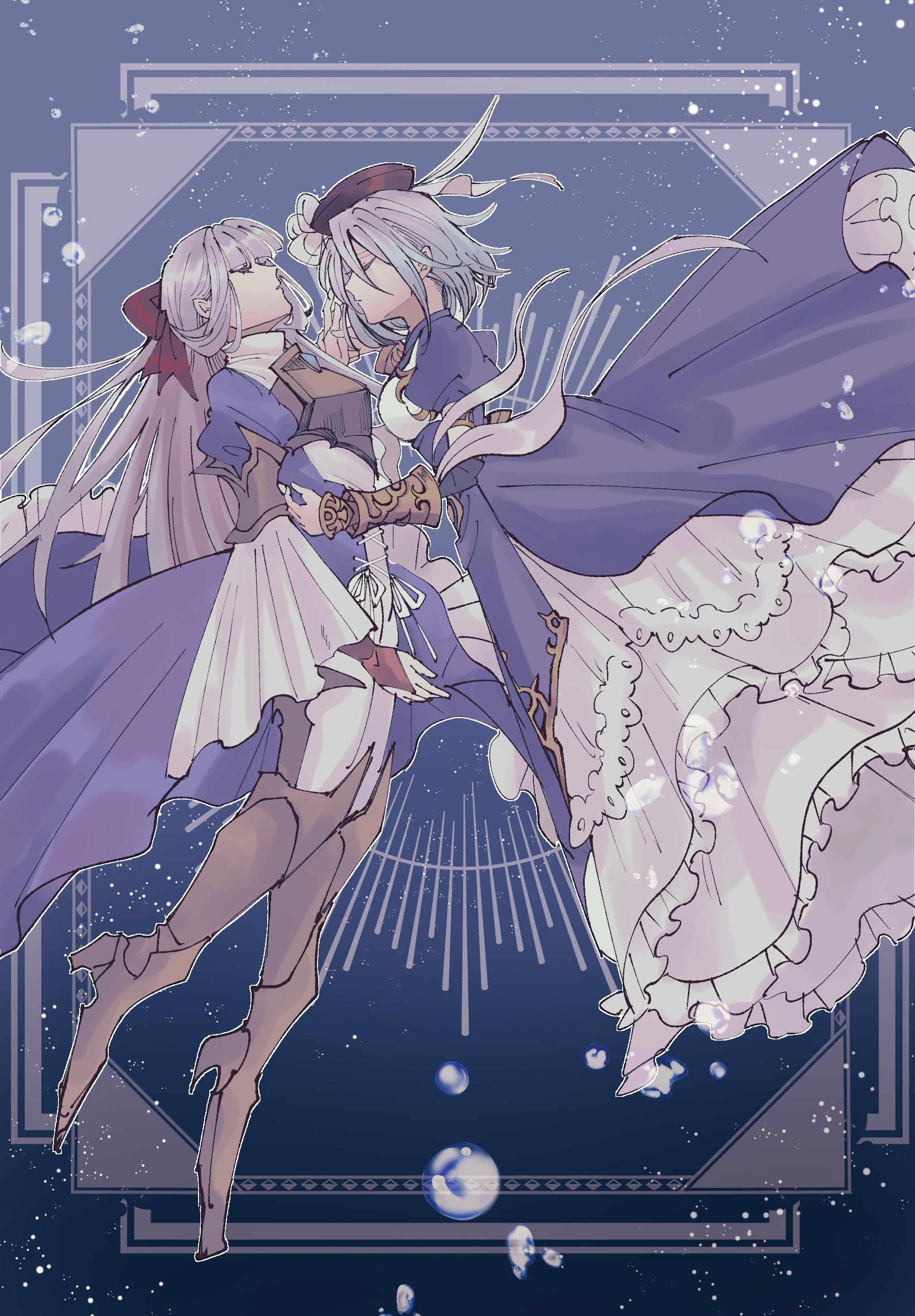 mutsuki (mutuki05), road to dragons, commentary request, highres, 2girls, armor, boots, bow, breastplate, breasts, brown hat, closed eyes, dress, frilled dress, frills, greyscale, hair bow, hat, juliet sleeves, long dress, long hair, long sleeves, medium breasts, medium hair, monochrome, multiple girls, puffy sleeves, red bow, thigh boots, vambraces