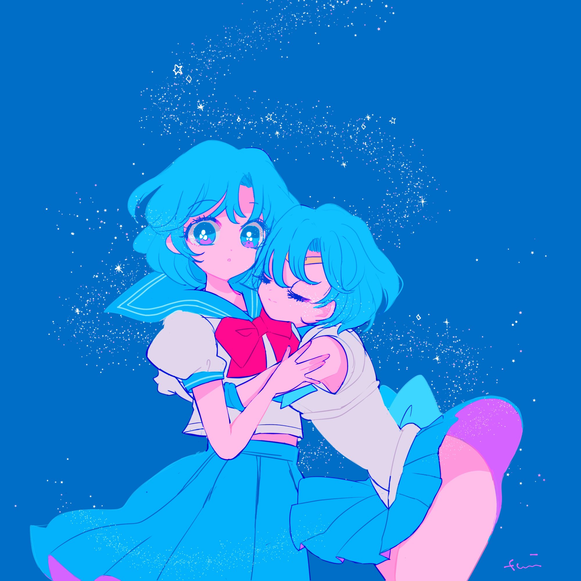 rinako (rococo), mizuno ami, sailor mercury, bishoujo senshi sailor moon, commentary, highres, 2girls, back bow, blue background, blue eyes, blue hair, blue sailor collar, blue skirt, blue theme, bow, bowtie, circlet, closed eyes, clothes lift, dual persona, hug, juuban middle school uniform, looking at viewer, miniskirt, multiple girls, puffy short sleeves, puffy sleeves, red bow, red bowtie, sailor collar, sailor senshi, sailor senshi uniform, school uniform, serafuku, shirt, short hair, short sleeves, signature, skirt, skirt lift, thighs, white shirt