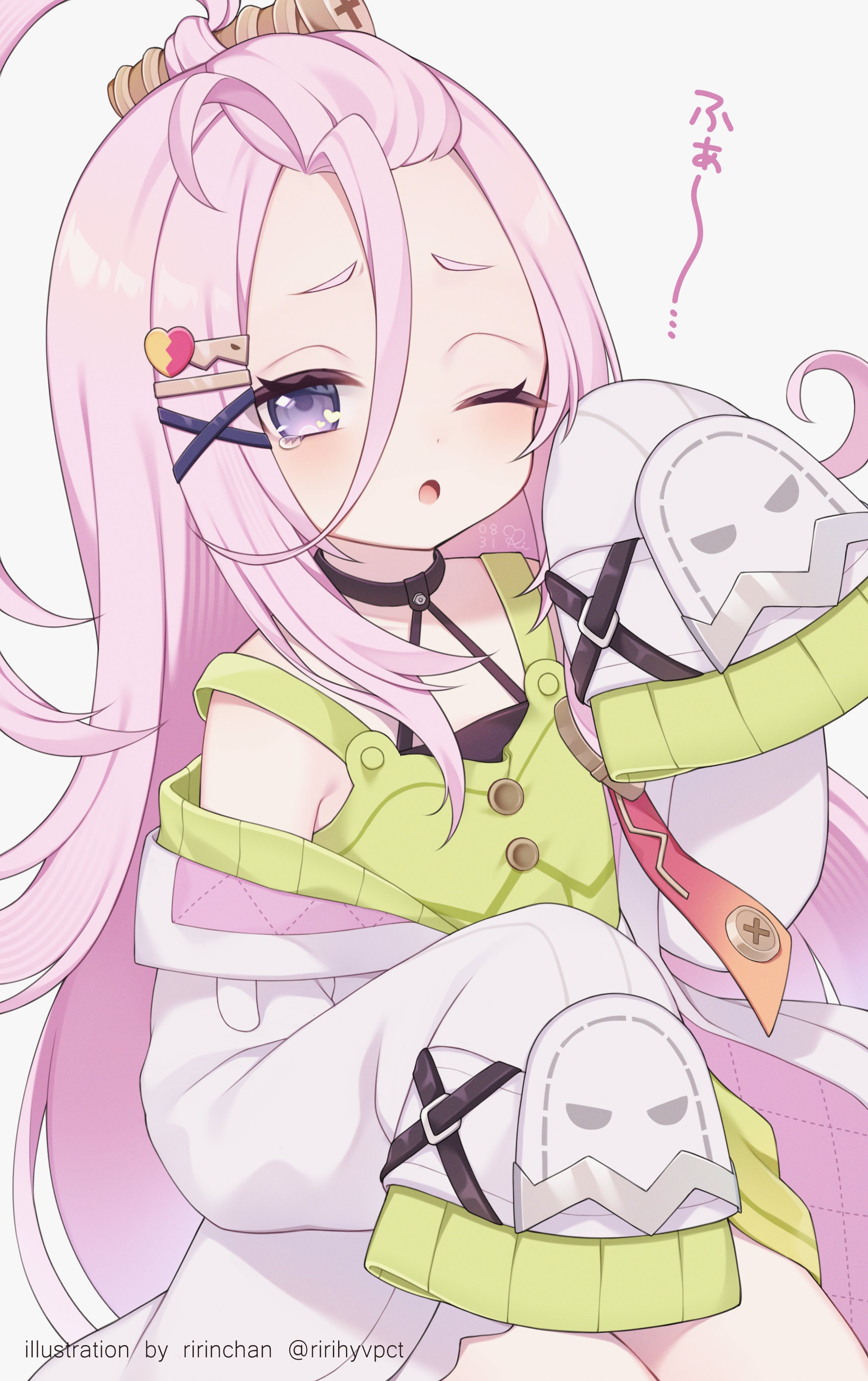 aino (genshin impact), genshin impact, absurdres, commentary request, highres, 1girl, ;o, ahoge, black choker, choker, coat, grey background, hair between eyes, hair ornament, hairclip, heart, heart in eye, long hair, long sleeves, looking at viewer, one eye closed, pink hair, purple eyes, ririhyvpct, screw hair ornament, simple background, sleeves past fingers, sleeves past wrists, solo, symbol in eye, tearing up, twitter username, white coat