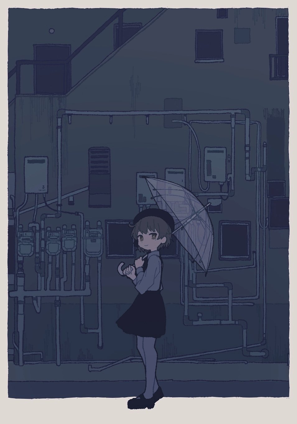 naname (fossama1), hatoba tsugu, tsugu (vtuber), commentary request, highres, 1girl, alley, beret, black hat, black shoes, black skirt, border, brown eyes, brown hair, building, closed mouth, collared shirt, concrete, door, grey shirt, hand up, hat, holding, holding umbrella, industrial pipe, long sleeves, looking at viewer, mary janes, mole, mole under eye, outdoors, outside border, pantyhose, railing, shirt, shoes, short hair, skirt, smile, solo, standing, suspender skirt, suspenders, transparent, transparent umbrella, umbrella, virtual youtuber, white border, white pantyhose, wide shot