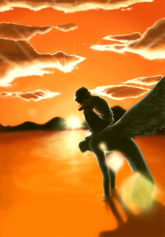 ikari shinji, mass production eva, neon genesis evangelion, non-web source, 1boy, brown hair, lonely, male focus, squatting, sunset