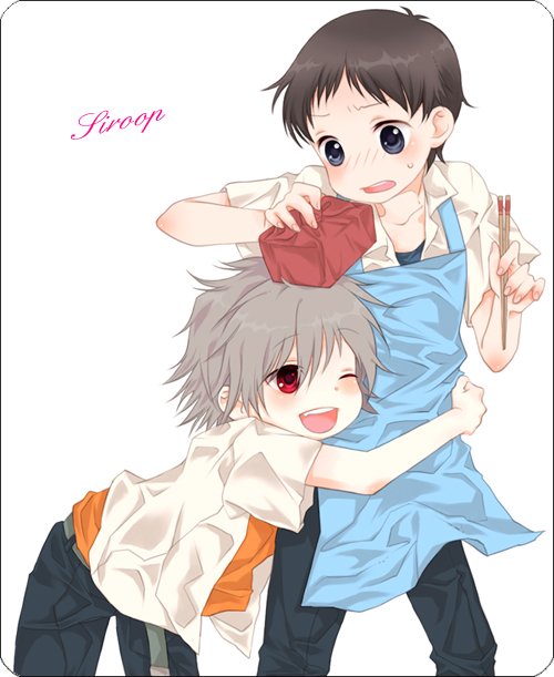 akai oto, ikari shinji, nagisa kaworu, neon genesis evangelion, silver hair, 2boys, androgynous, apron, blush, border, brown hair, chopsticks, lunchbox, male focus, multiple boys, red eyes, sweat