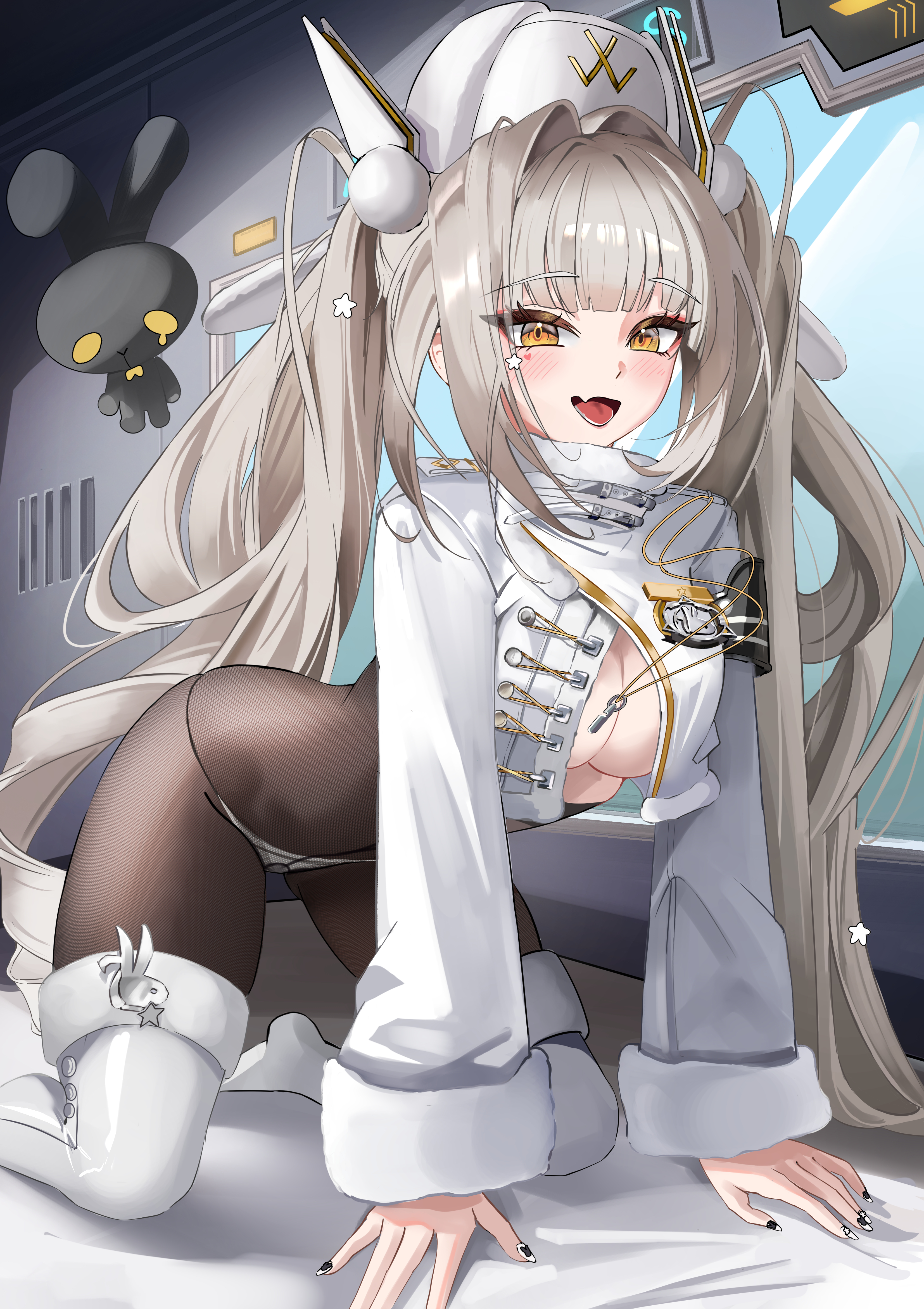 luto, blanc (fortune express) (nikke), blanc (nikke), goddess of victory: nikke, absurdres, commentary request, highres, 1girl, all fours, black pantyhose, boots, breasts, coat, fang, fur-trimmed boots, fur trim, grey hair, hat, long hair, looking at viewer, medium breasts, official alternate costume, official alternate hairstyle, open mouth, panties, panties under pantyhose, pantyhose, skin fang, smile, solo, twintails, underwear, very long hair, white boots, white coat, white hat, white panties, winter clothes, winter coat, yellow eyes