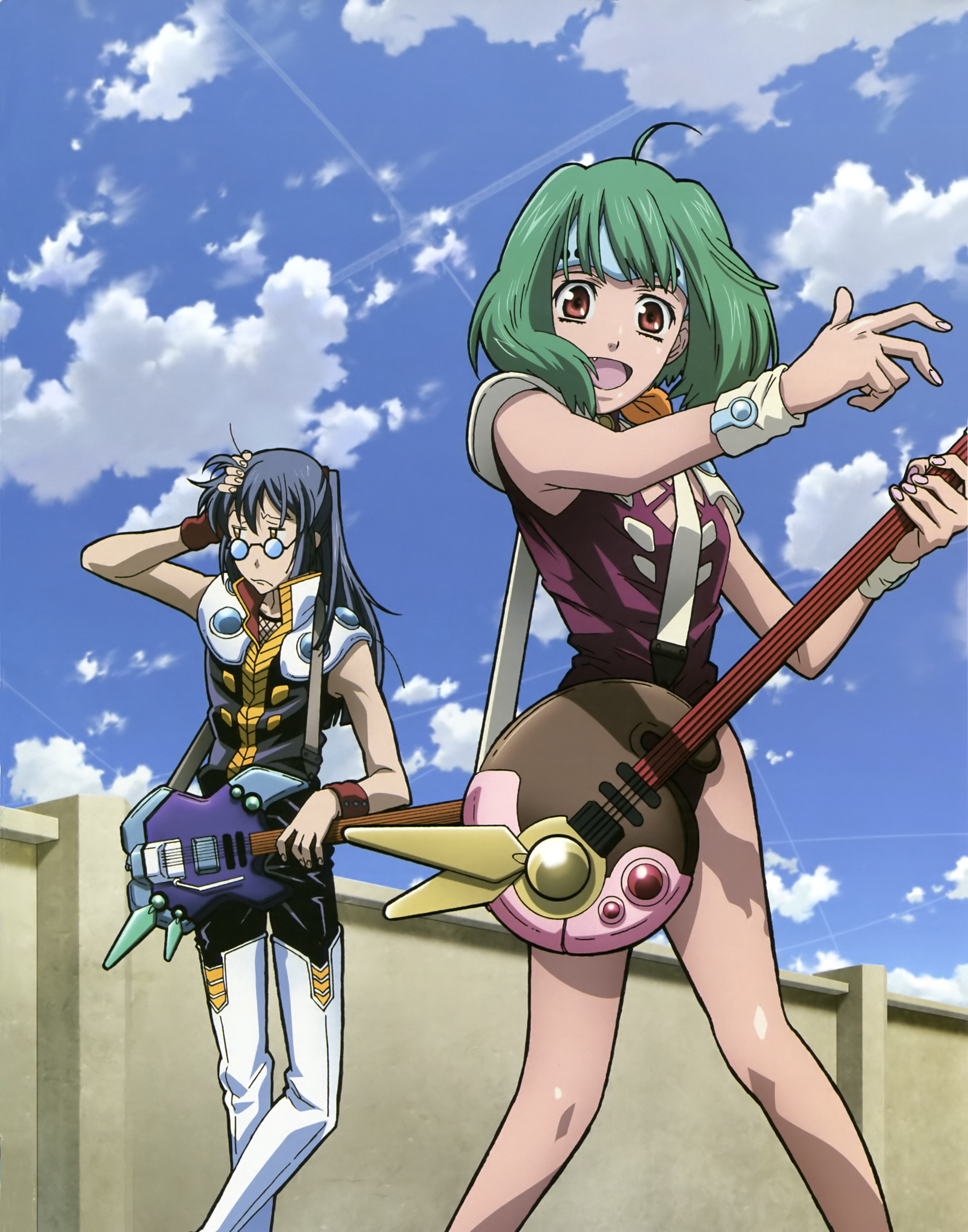mylene jenius, nekki basara, ranka lee, saotome alto, macross, macross 7, macross frontier, absurdres, highres, 1boy, 1girl, bass guitar, cosplay, guitar, instrument, mylene jenius (cosplay), nekki basara (cosplay), outdoors, sky