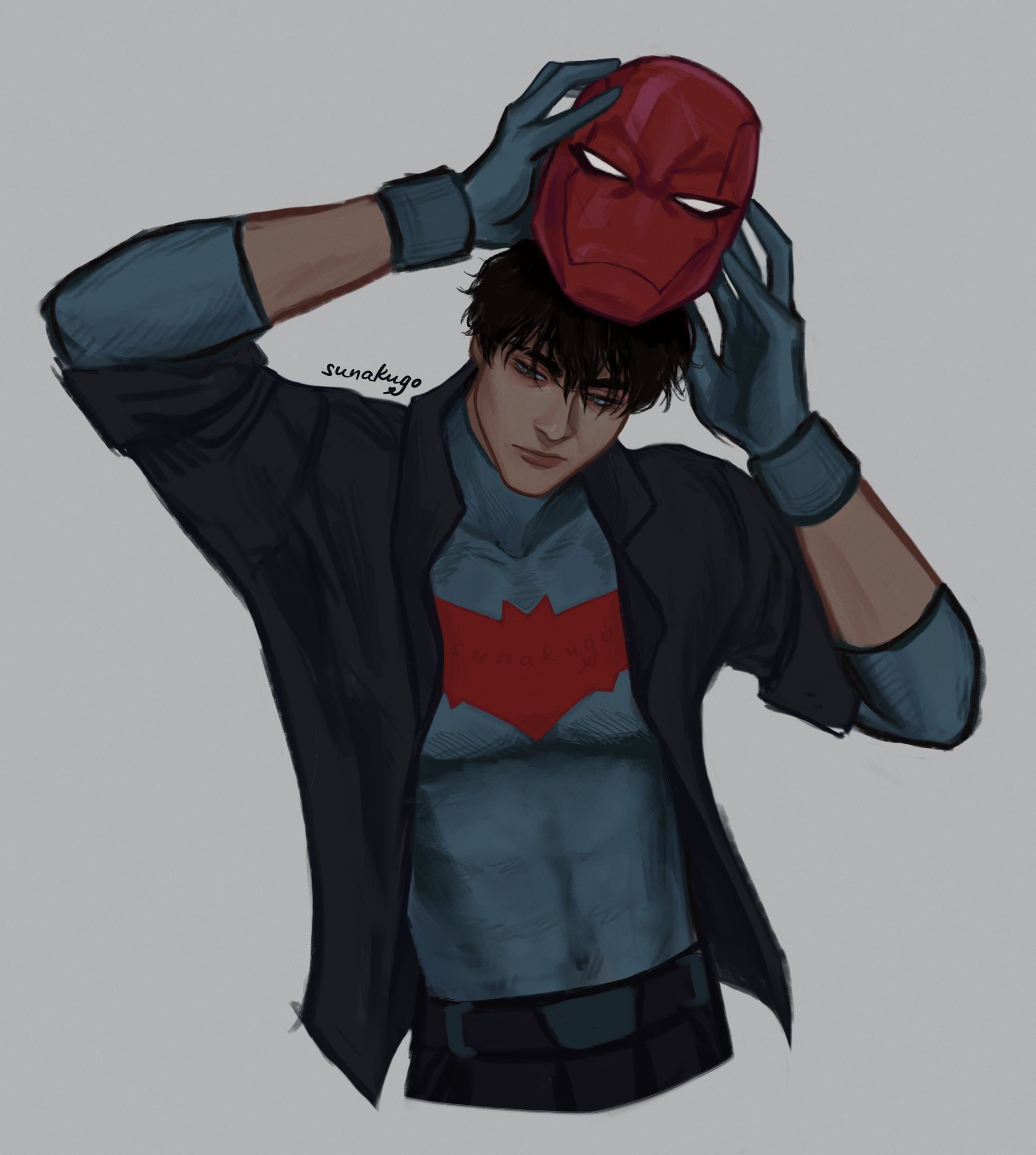 jason todd, red hood (dc), batman (series), dc comics, red hood and the outlaws, commentary, english commentary, highres, 1boy, bat signal, batman symbol, black bodysuit, black hair, blue eyes, bodysuit, brown jacket, gloves, grey bodysuit, jacket, male focus, mask, multicolored bodysuit, muscular, muscular male, open clothes, pants, red mask, short hair, sunakugo, superhero costume, taut bodysuit, two-tone bodysuit