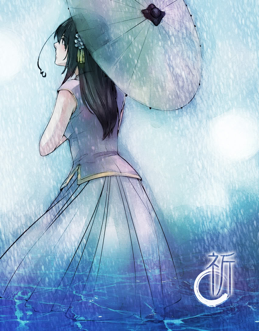 tsaosu0607, taiwan (hetalia), axis powers hetalia, 00s, 1girl, ahoge, black hair, female focus, flood, flower, hair flower, hair ornament, long hair, long skirt, oil-paper umbrella, plum blossoms, rain, short sleeves, skirt, solo, umbrella, water