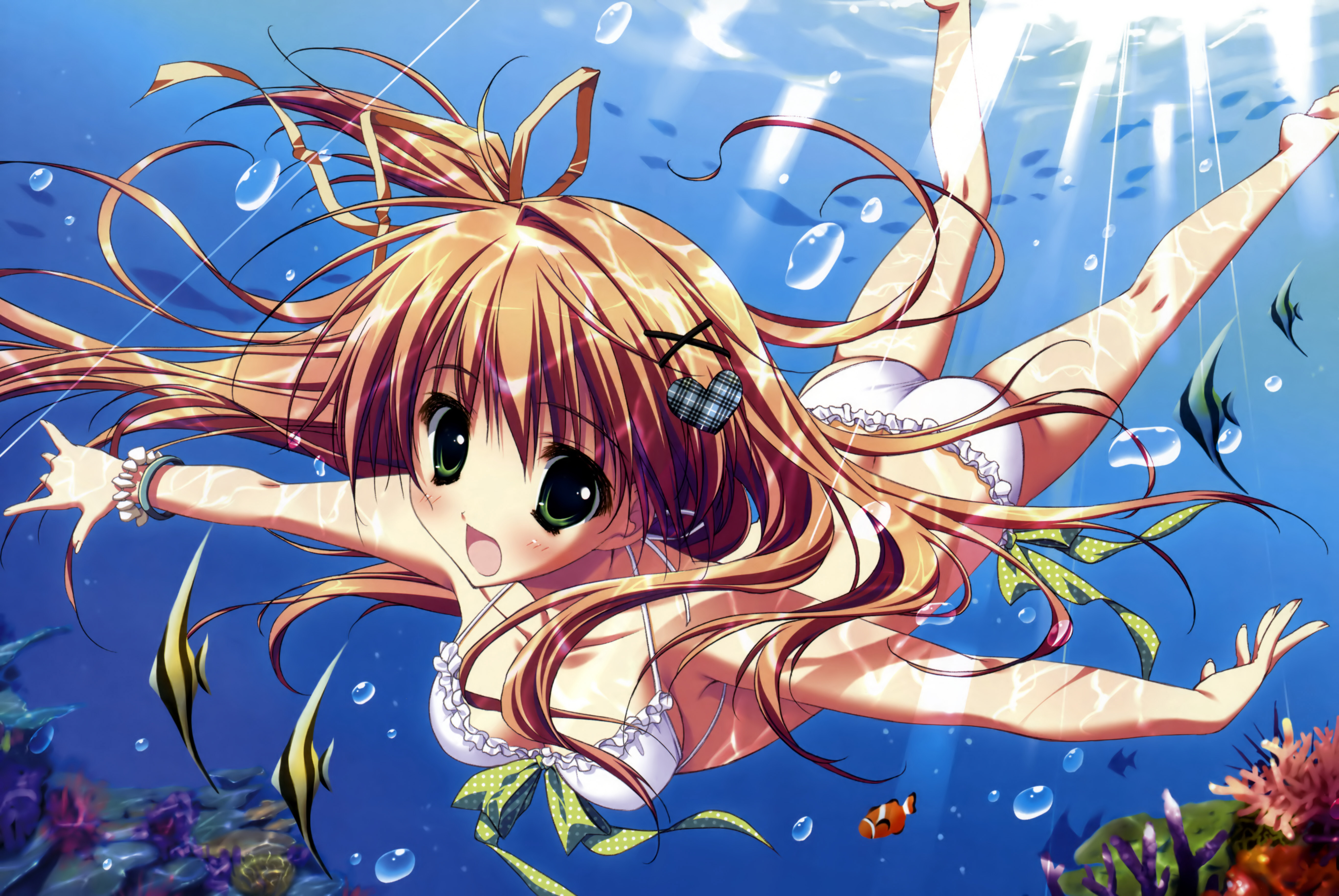 ryouka (suzuya), nakatsugawa ui, hoshizora e kakaru hashi, absurdres, highres, 10s, 1girl, air bubble, ass, barefoot, bikini, blush, bracelet, brown hair, bubble, caustics, feet, female focus, fish, freediving, green eyes, hair ornament, hair ribbon, hairclip, hairpin, heart, heart hair ornament, jewelry, kneepits, long hair, looking at viewer, open mouth, outdoors, ribbon, soles, solo, swimming, swimsuit, underwater, unmoving pattern, white bikini