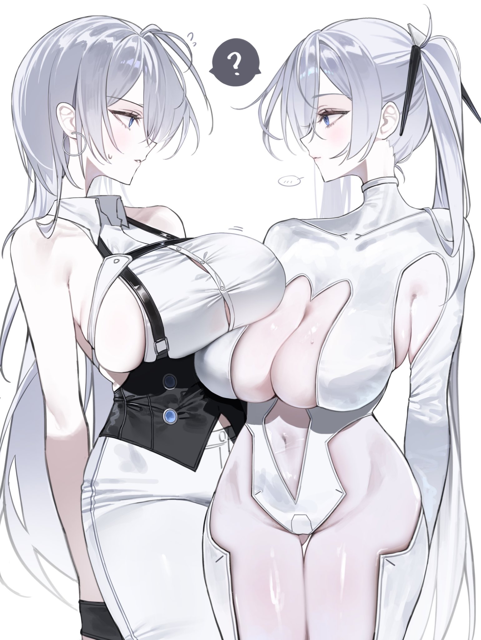 amu1207, brid (nikke), brid (silent track) (nikke), cinderella (nikke), goddess of victory: nikke, commentary, highres, …, 2girls, ?, armpit cutout, asymmetrical docking, backless shirt, bare shoulders, black choker, black corset, blue eyes, bodysuit, breast press, breasts, button gap, chest harness, choker, clothing cutout, collarbone, collared shirt, corset, covered collarbone, covered navel, cowboy shot, earrings, face-to-face, floating earrings, flying sweatdrops, gloves, grey hair, hair between eyes, hair down, hair over one eye, half gloves, harness, jewelry, large breasts, leg cutout, long hair, multiple girls, official alternate costume, official alternate hairstyle, pants, parted lips, profile, see-through bodysuit, see-through cleavage, see-through clothes, shared speech bubble, shirt, sideboob, sideless shirt, sidelocks, simple background, skindentation, sleeveless, speech bubble, spoken ellipsis, spoken question mark, standing, stomach cutout, sweatdrop, tight clothes, tight pants, trait connection, twintails, very long hair, white background, white bodysuit, white pants, white shirt