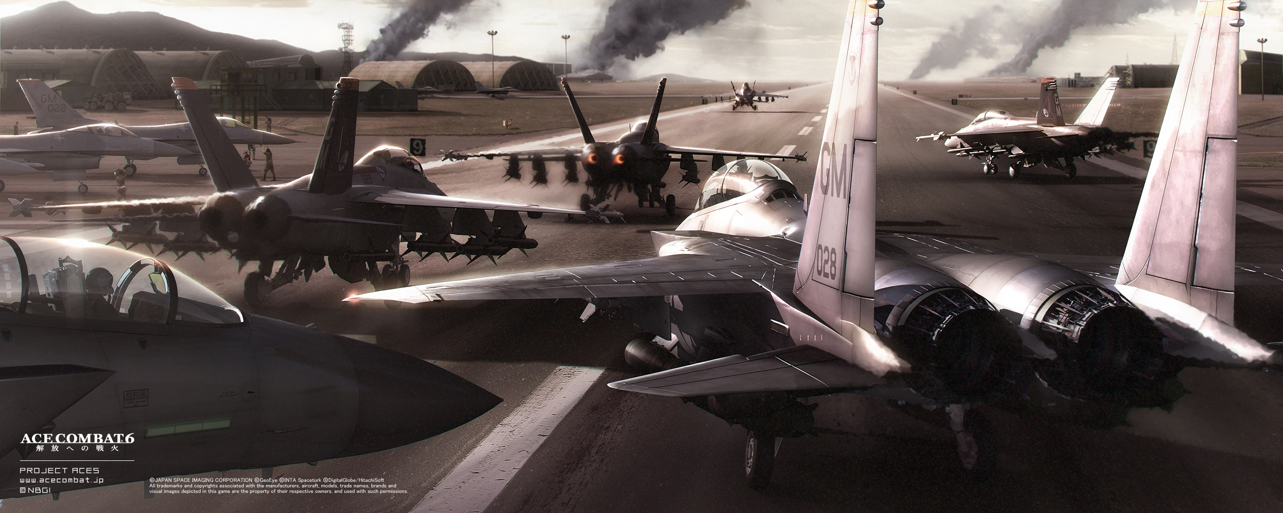f-15, f-16, f-18, ace combat, ace combat 6, namco, highres, long image, wide image, agm-88 harm, aim-120 amraam, air-to-air missile, air-to-surface missile, aircraft, airplane, anti-radiation missile, beyond-visual-range missile, missile, precision-guided munition, surface-to-air missile